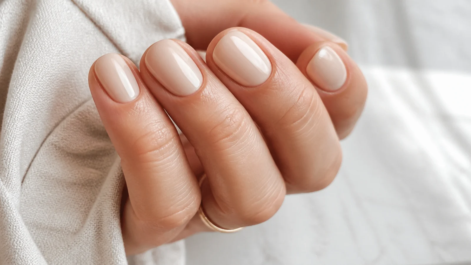 Short oval nails in a warm sandy beige with a soft cream finish
