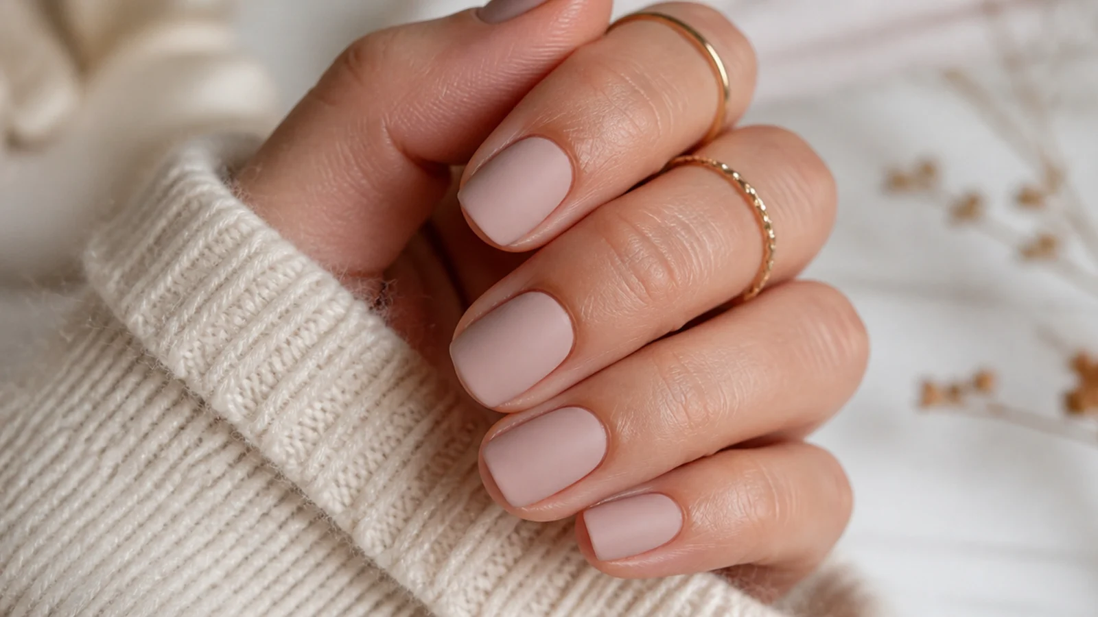Short nude nails with a flat velvet matte top coat and no shine