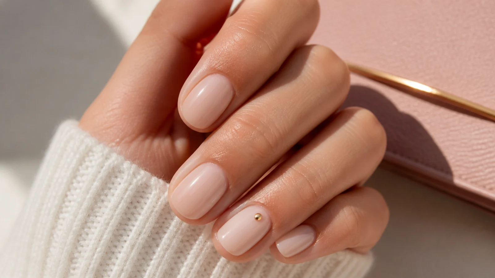 Milky nude short nails with one tiny gold dot near the cuticle on the ring finger