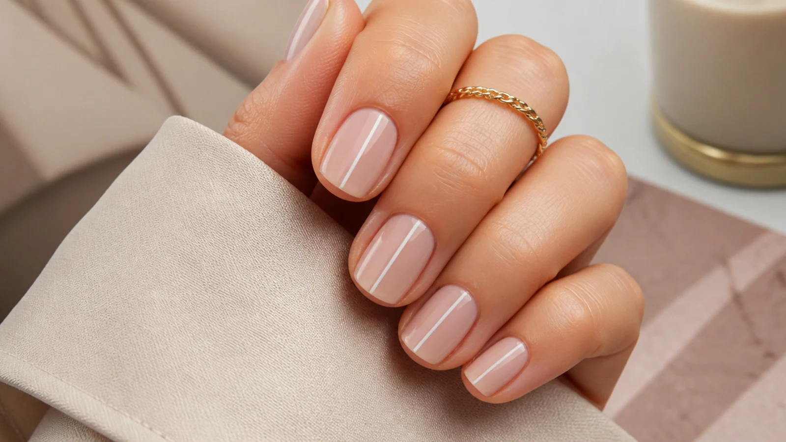 Nude short nails with a single thin white vertical stripe running down the center