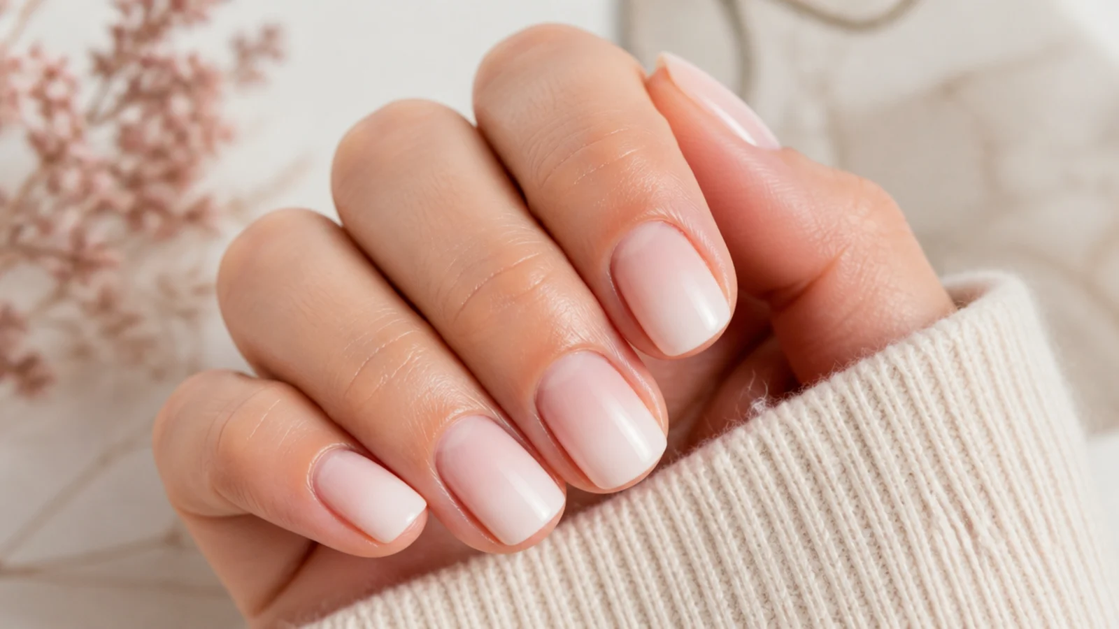Short nails with a soft nude to white gradient fading from cuticle to tip