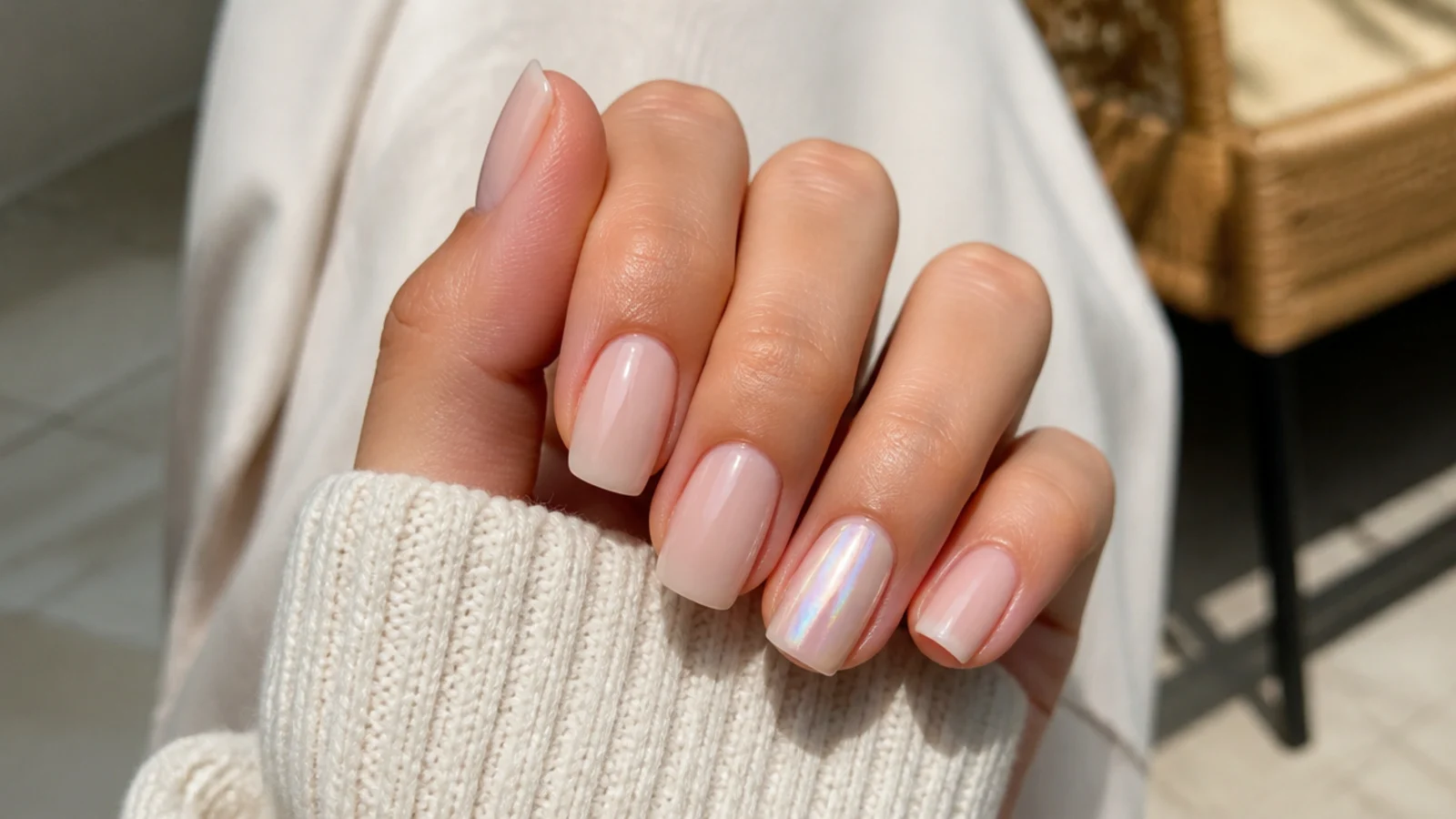 Milky nude nails with one iridescent pearl chrome accent nail on the ring finger
