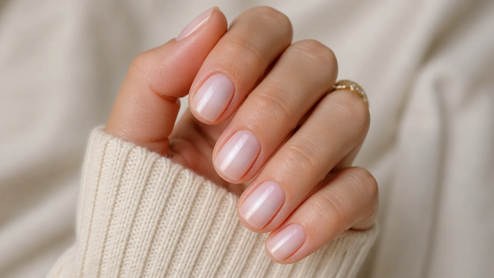 Short nails with a soft white aura halo glowing in the center of a sheer nude base