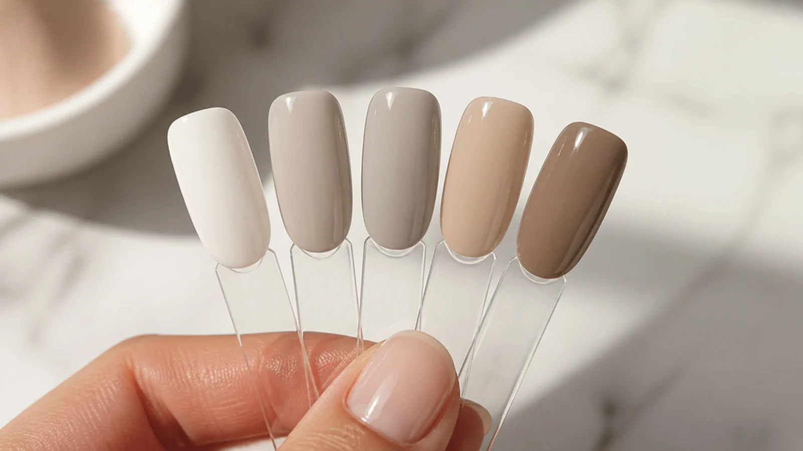 Five neutral nail polish swatches compared side by side in milky white taupe greige beige and mocha