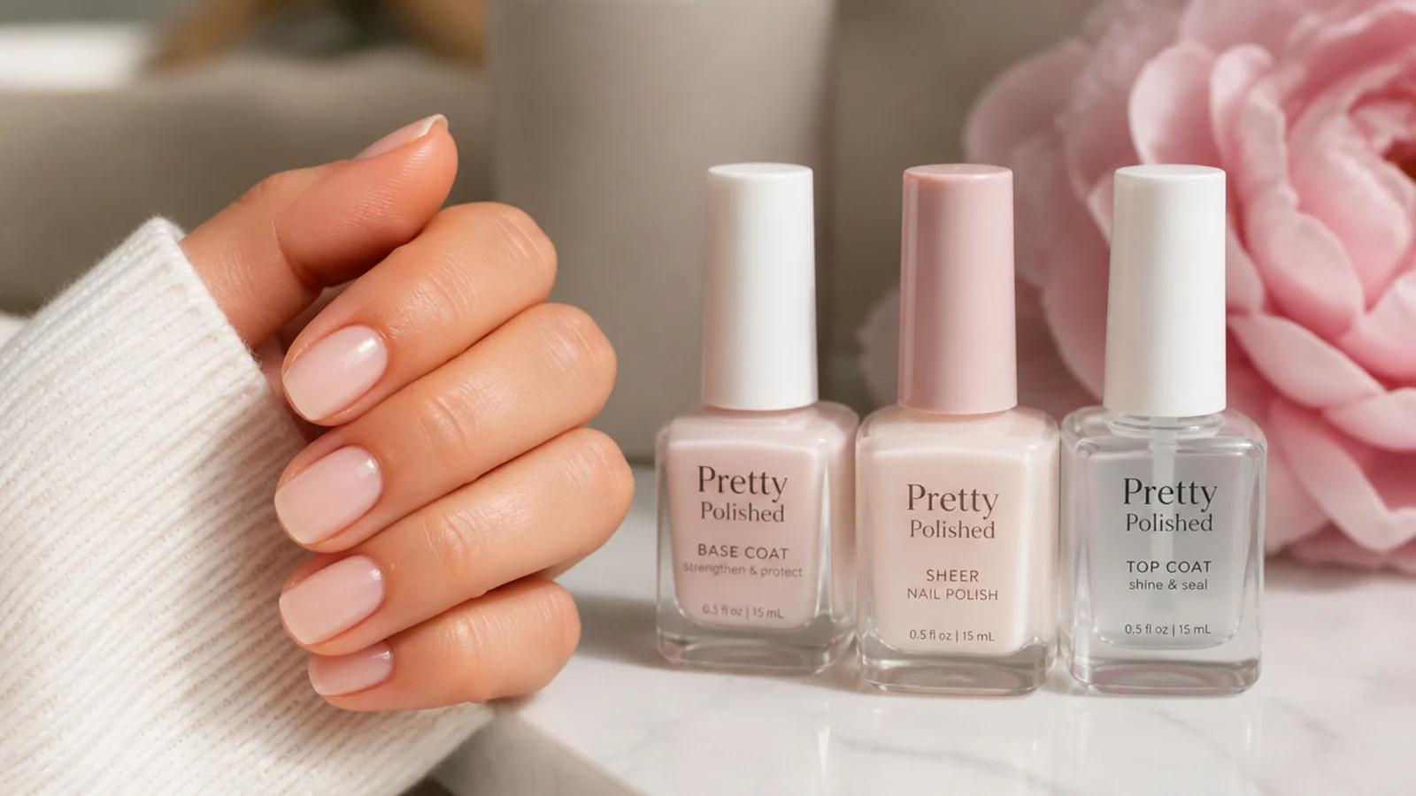 Base coat sheer polish and top coat bottles laid out for a quick five minute weeknight manicure