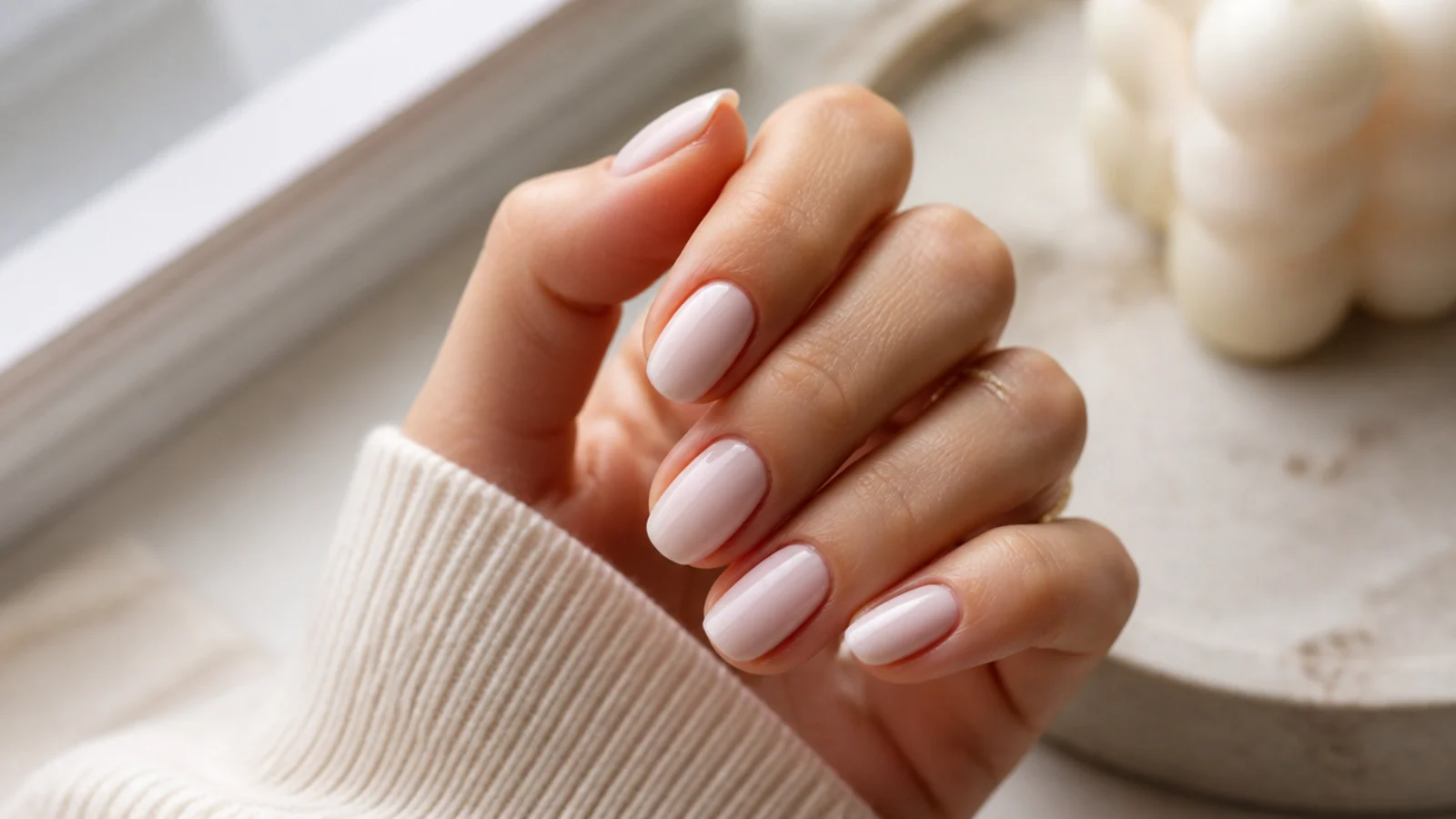 Short milky white everyday nails with a soft oval shape and high gloss finish