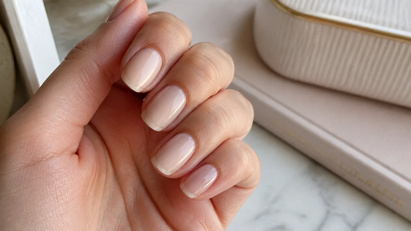 Neutral manicure at day seven showing minor tip wear and a small cuticle growth gap