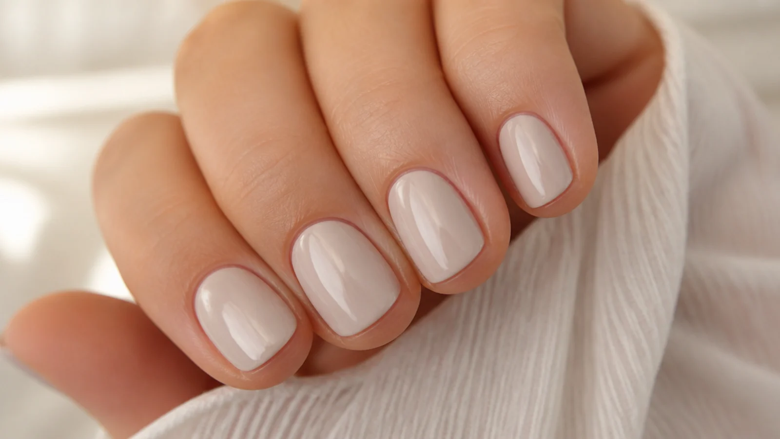 Close-up of short soft oval nails with clean cuticle lines and high gloss on a neutral shade
