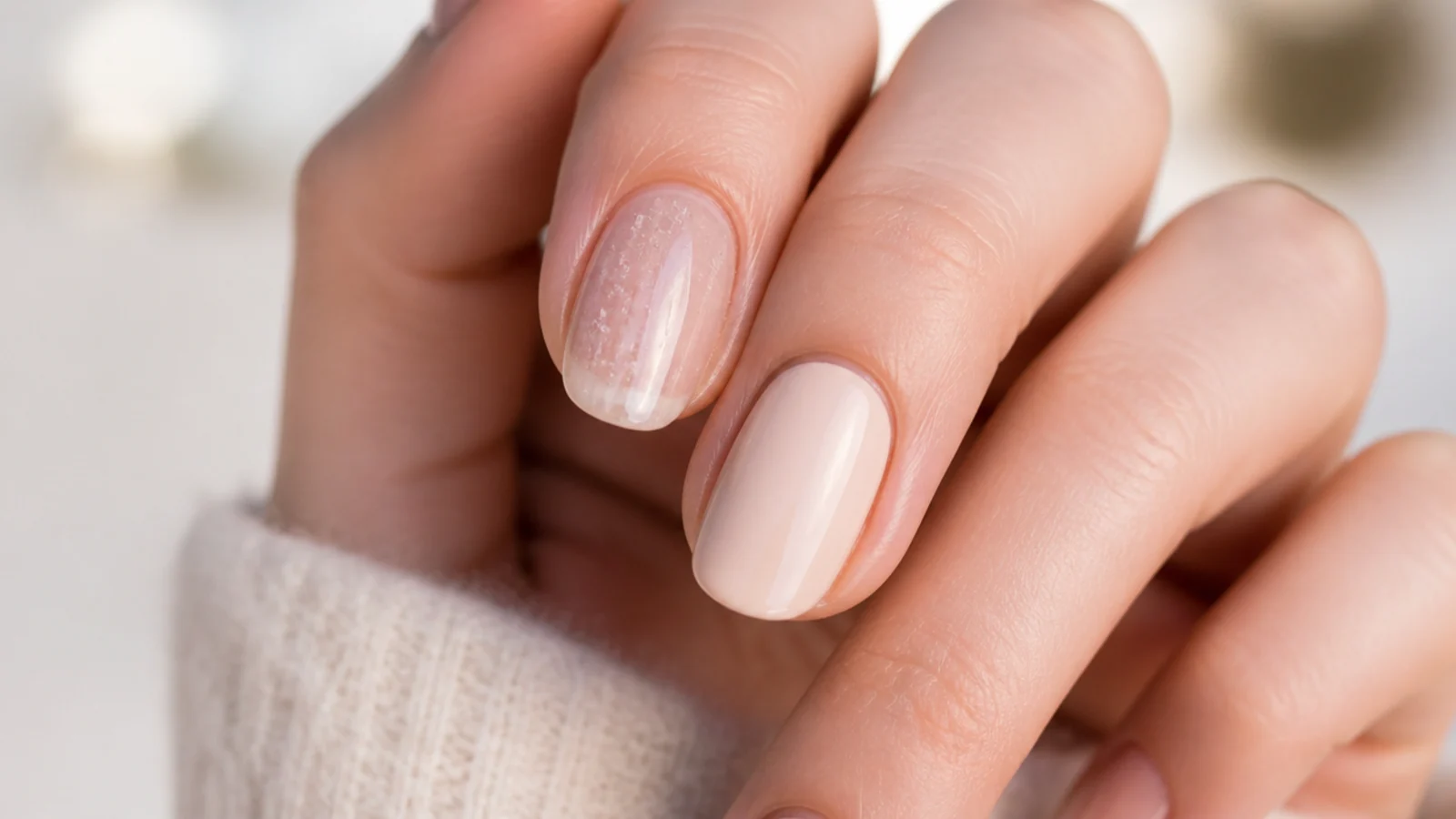 Two nails compared showing a streaky bubbled coat next to a smooth even neutral finish