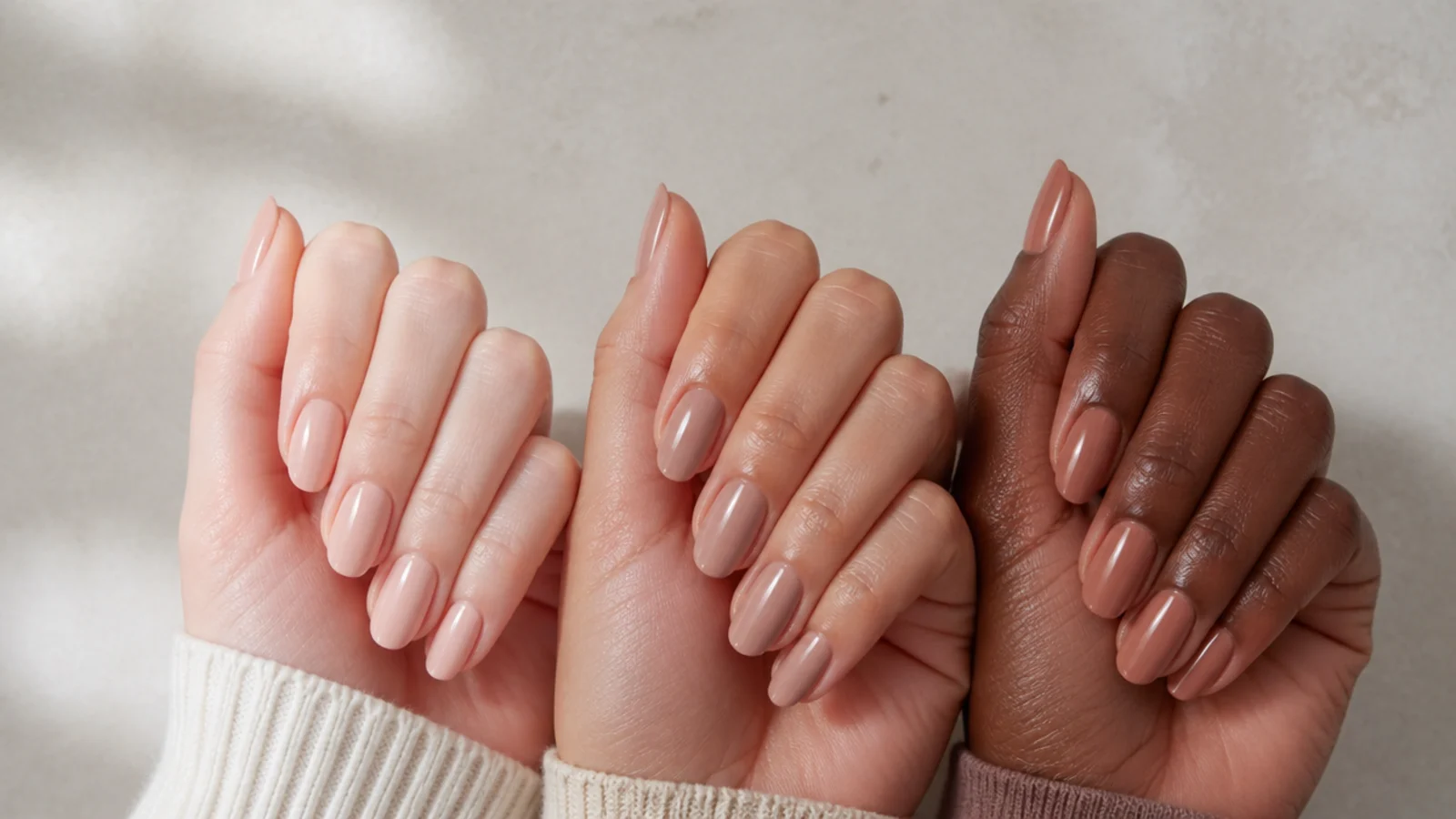 Three hands showing cool warm and neutral undertones with matching nude nail polish shades