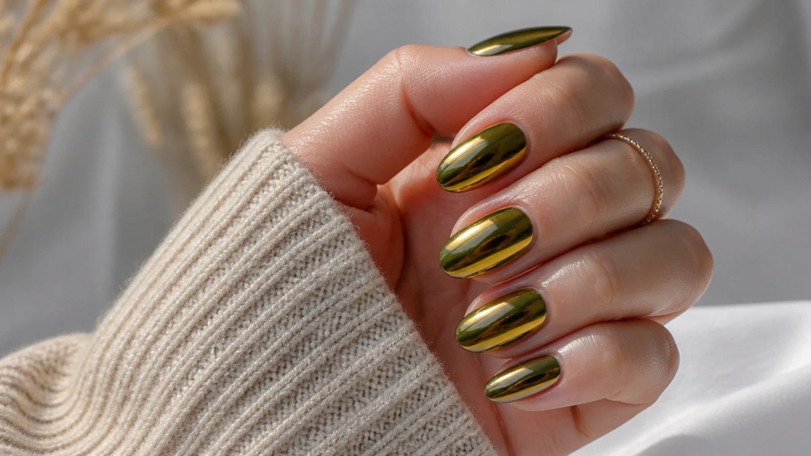 Dark olive green nails with a warm gold chrome mirror finish