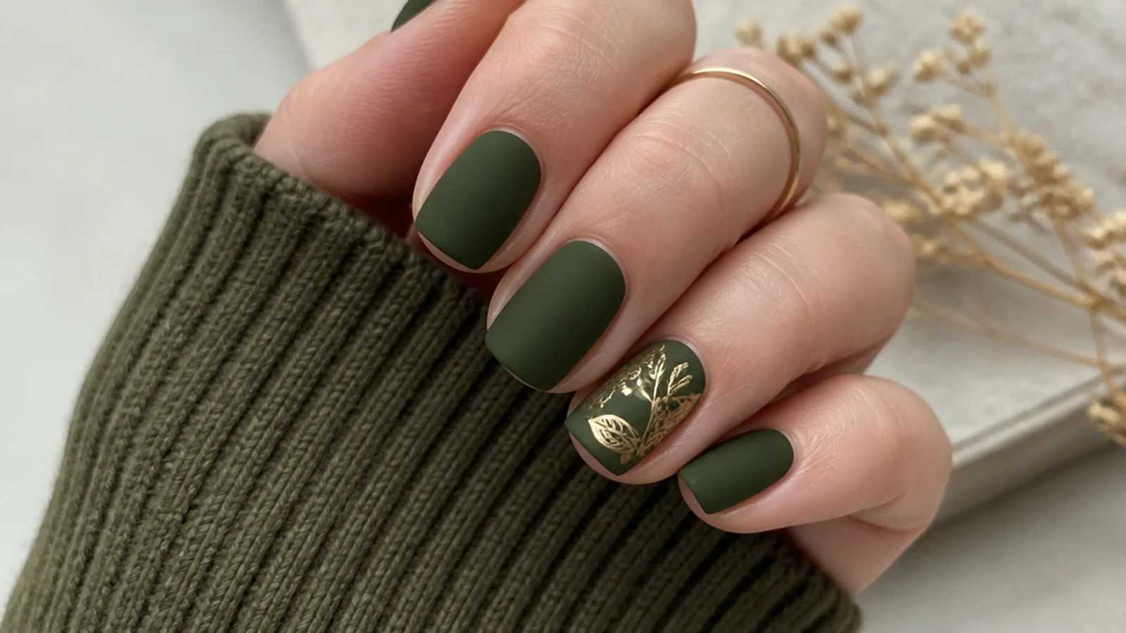 Velvety matte dark olive green nails on a short squoval shape