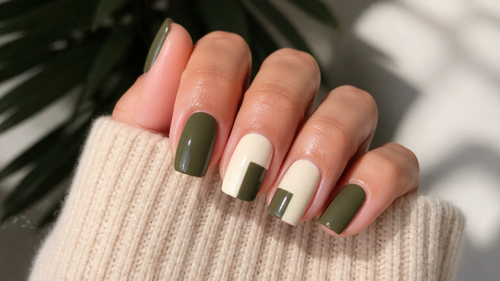 Dark olive green and cream color block nails on square nails