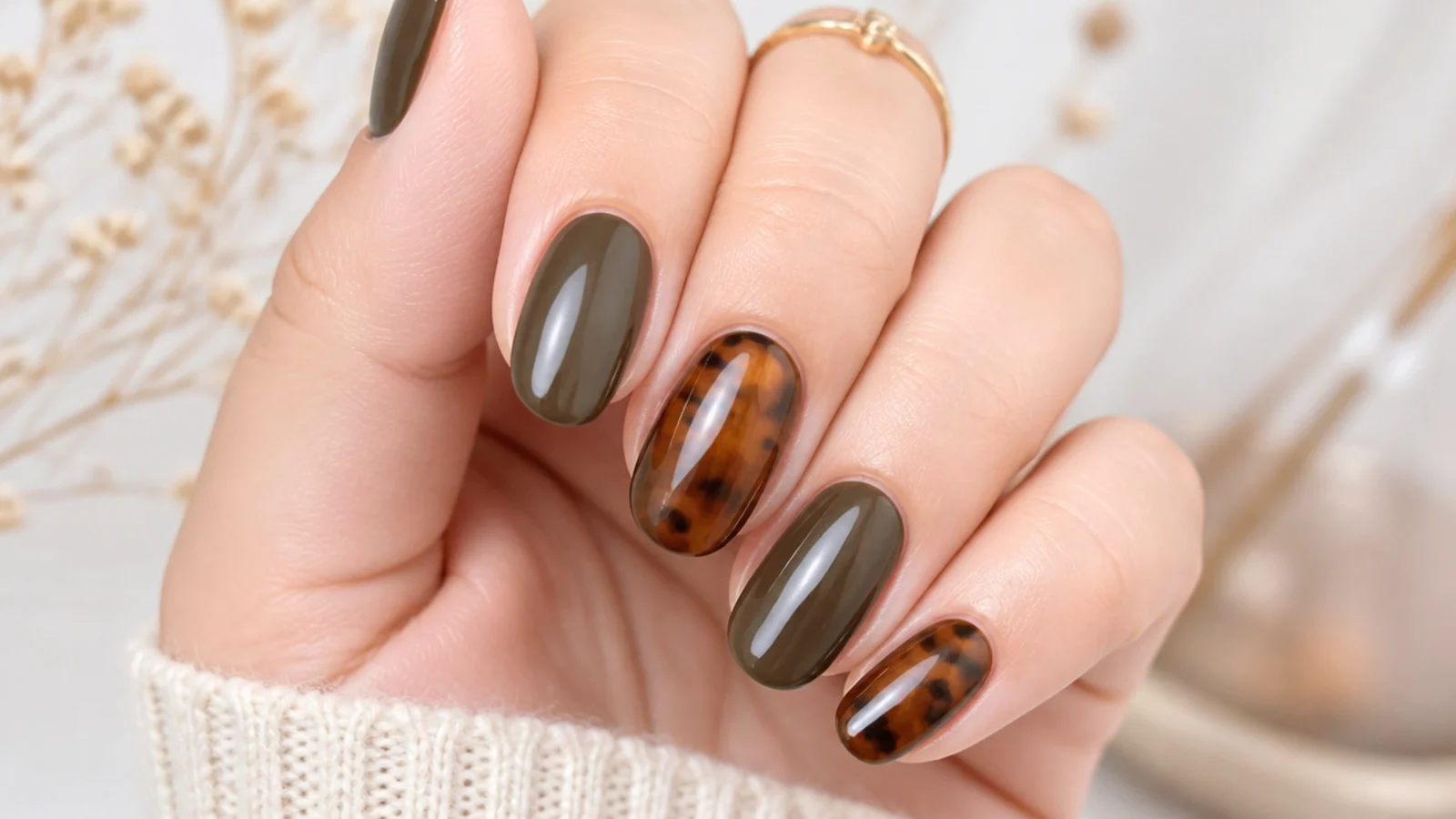 Dark olive and brown tortoiseshell nails with amber spots