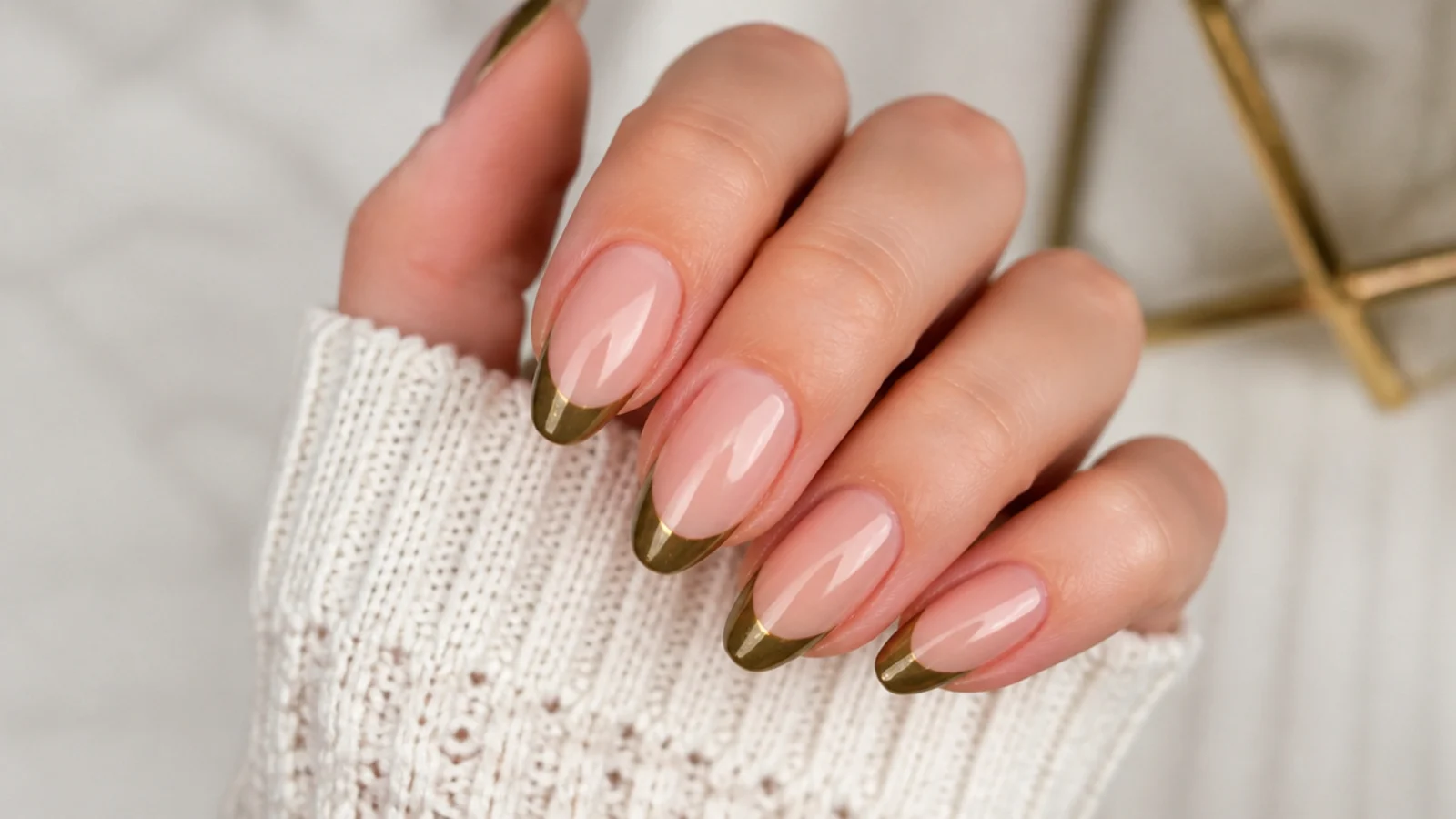 Nude nails with dark olive gold-chrome french tips on almond shape