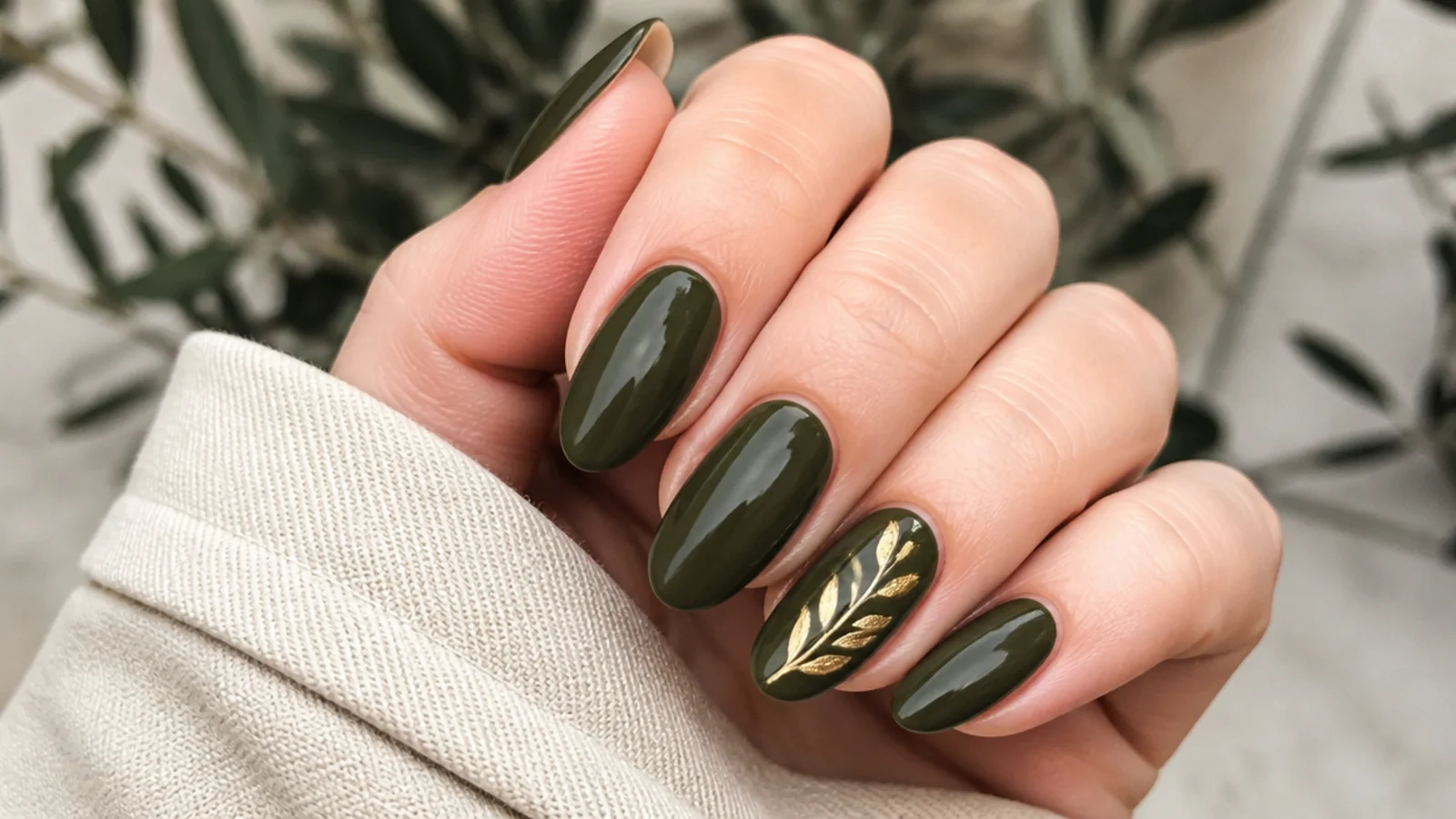 Dark olive green nails with a gold hand-painted leaf on one accent nail