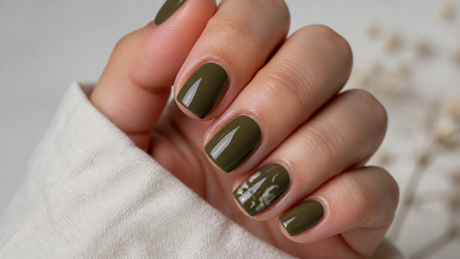 Short dark olive green nails on a neat squoval shape