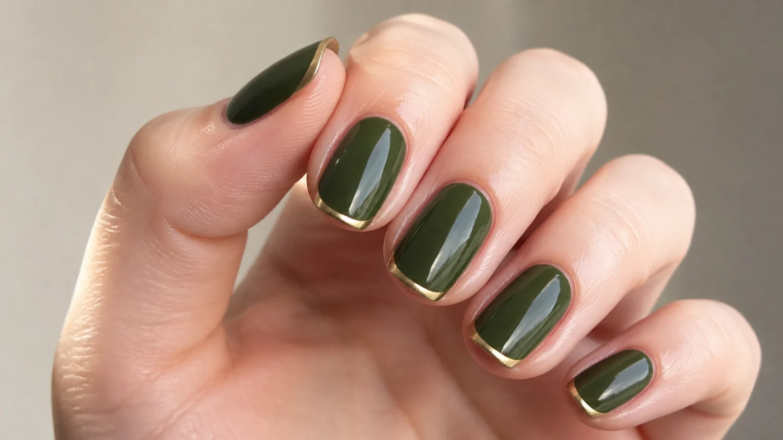Dark olive green nails with thin gold micro-french tip lines