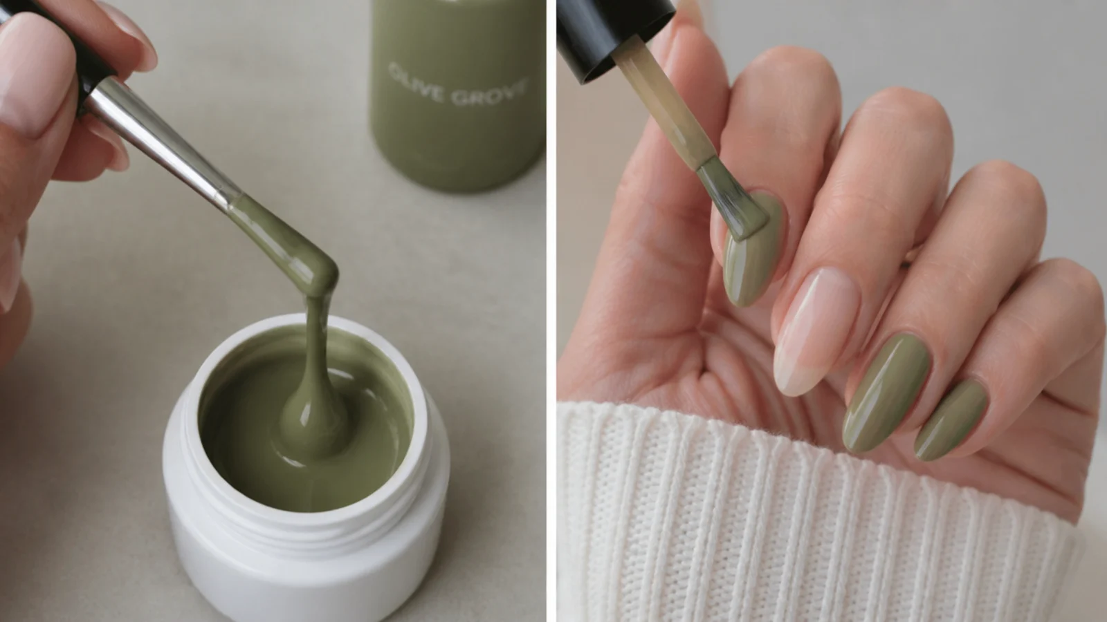 Mixing a muted khaki-olive gel and layering it in thin coats on a nail