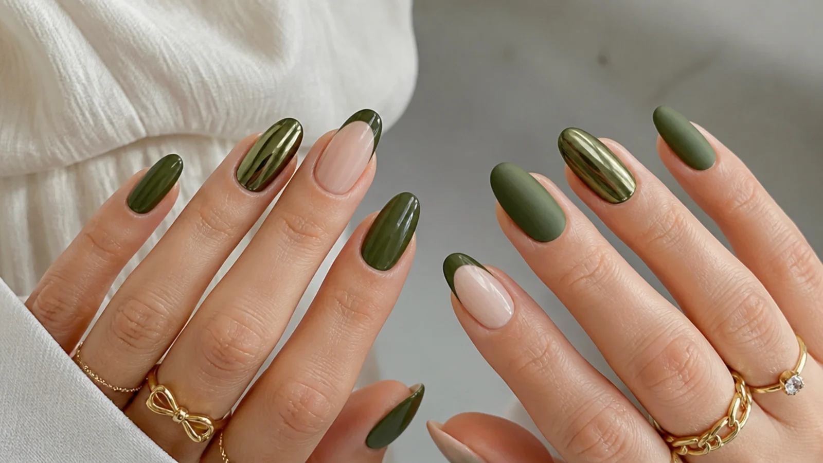 Dark olive green nails shown in glossy, matte, chrome and french finishes
