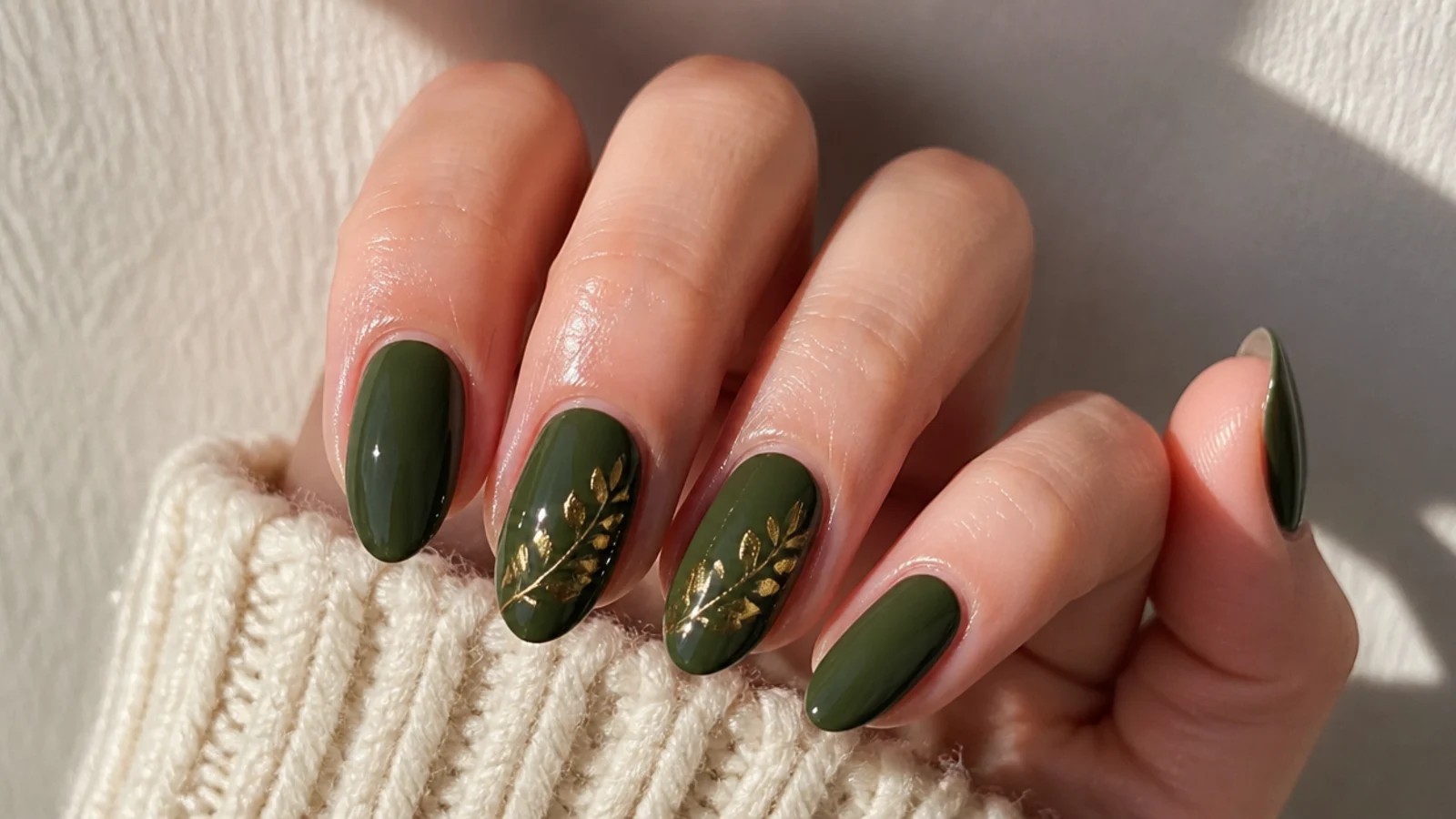 A well-sealed dark olive green gel manicure with cuticle oil
