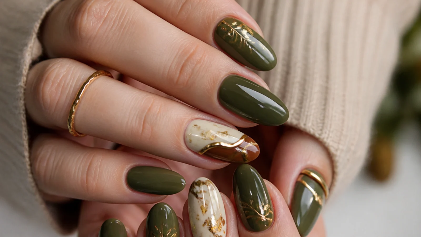 Dark olive green nails styled with gold, cream and brown accent swatches