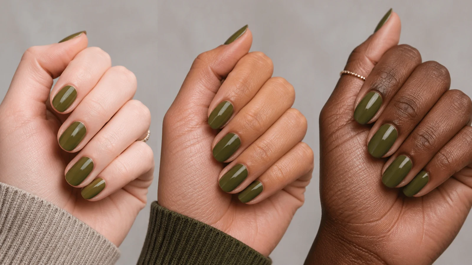 Dark olive green swatches shown against fair, tan and deep skin tones