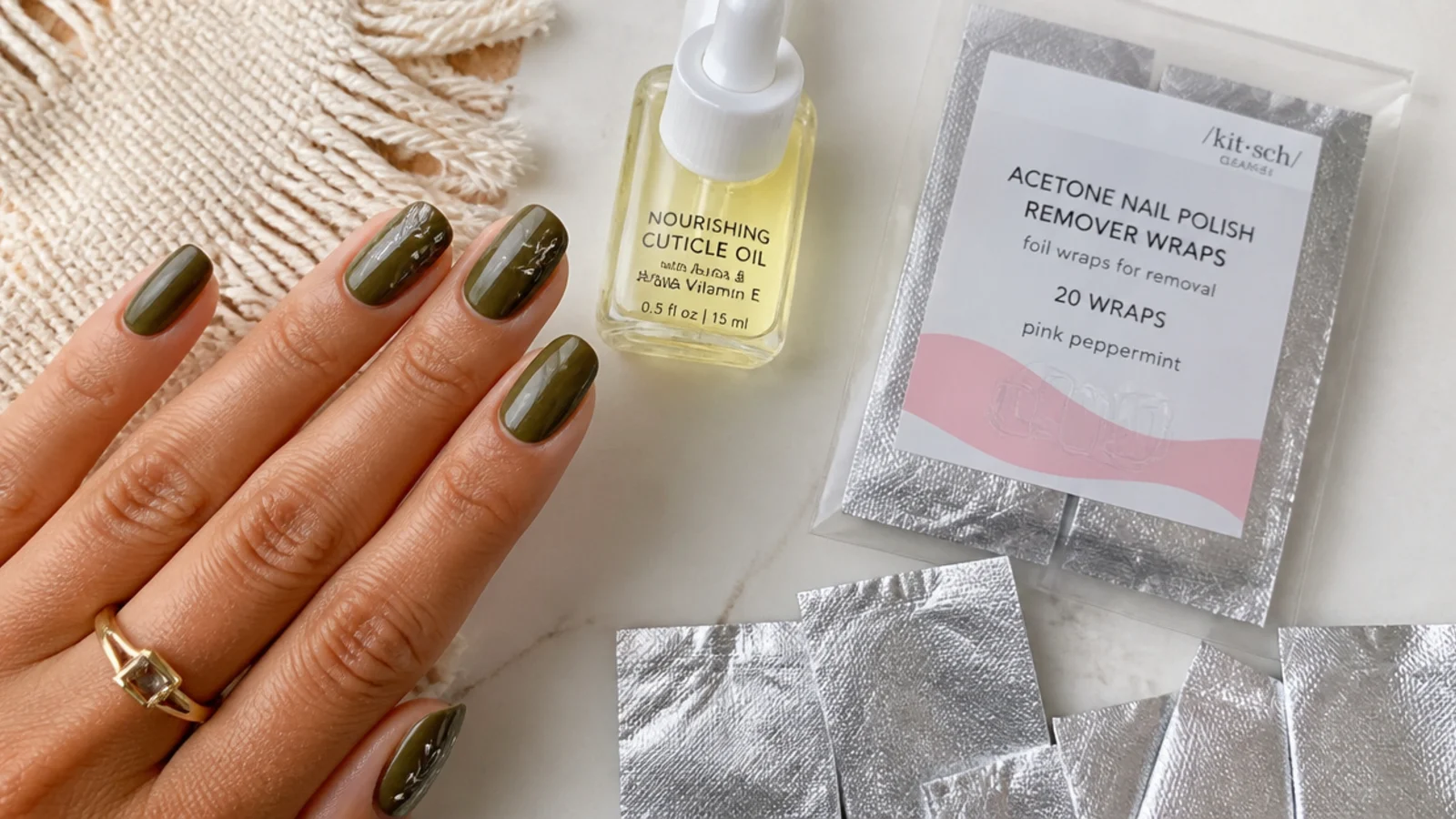 Cuticle oil and acetone foils for maintaining and removing olive green gel nails