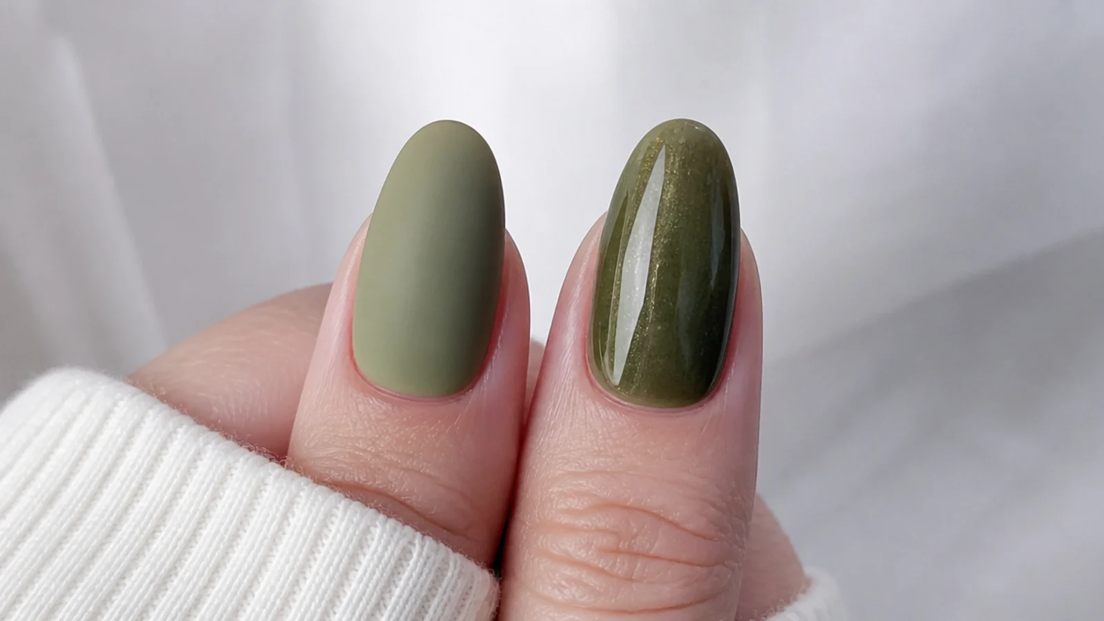 A flat washed-out olive nail next to a rich layered olive nail for comparison