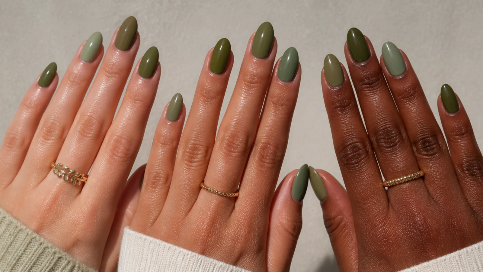 Three olive green shades swatched next to warm, fair and deep skin tones