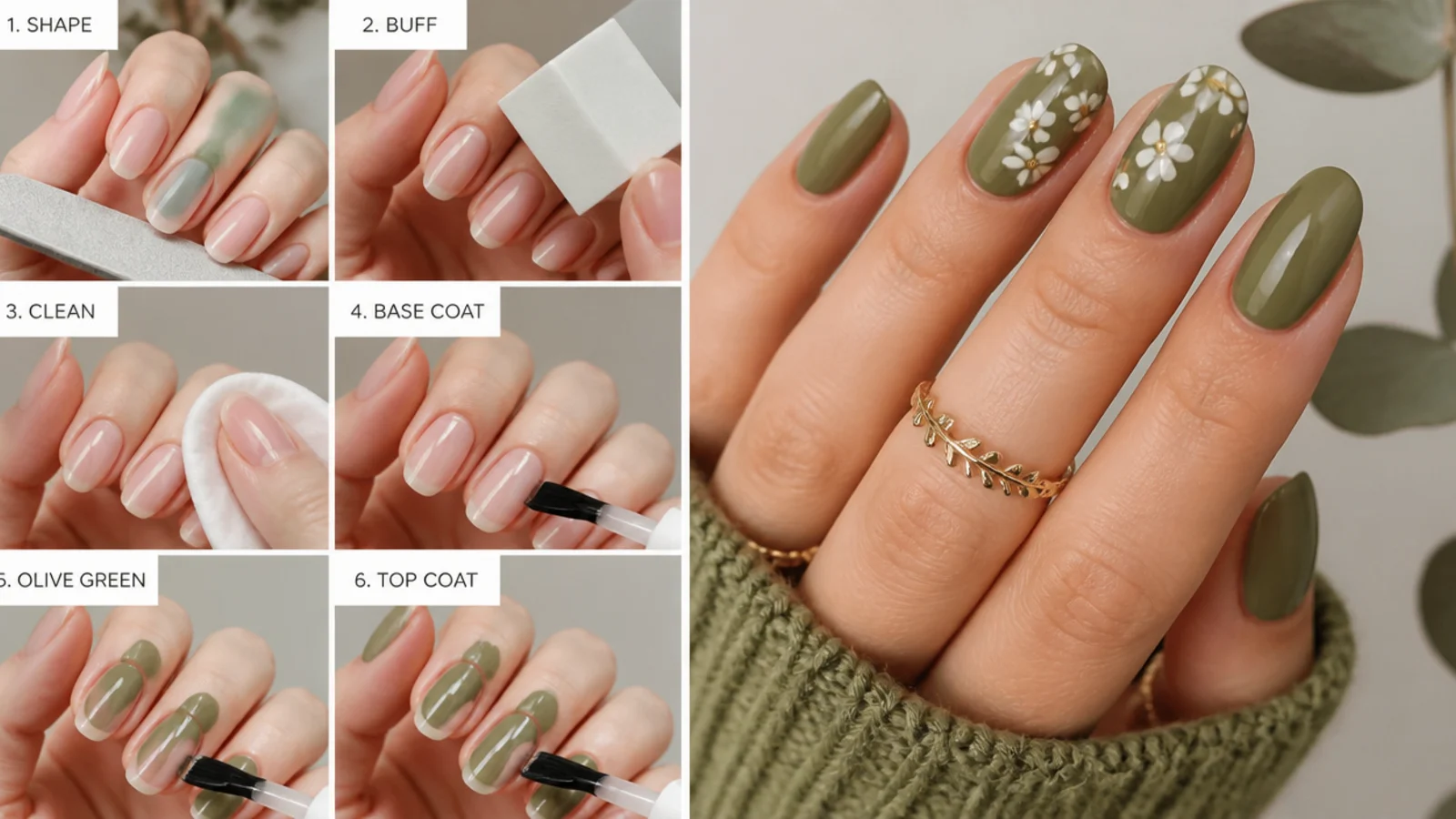 Nails being shaped and buffed in preparation for olive green gel