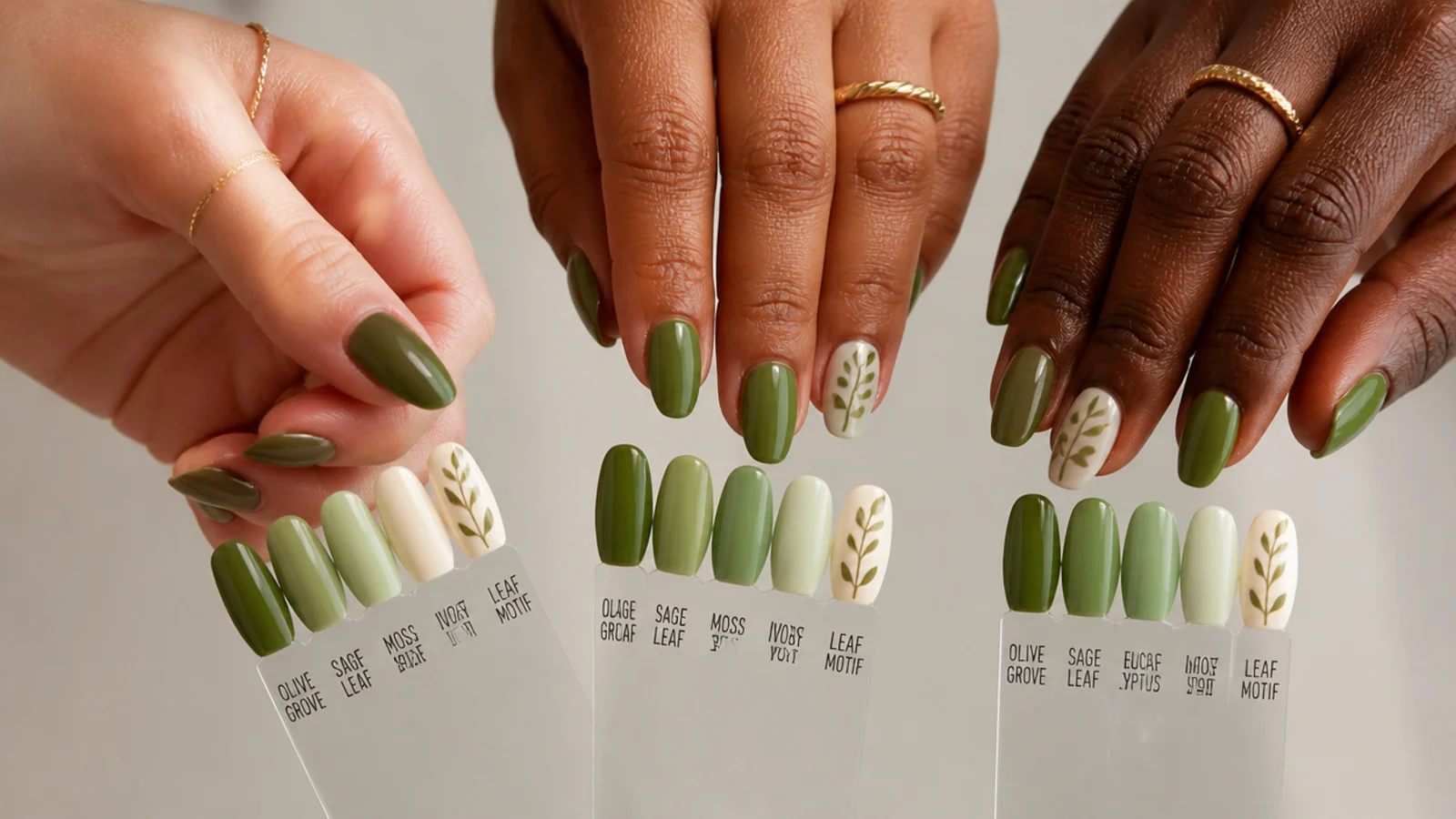 Olive green swatches held against warm, fair and deep skin tones