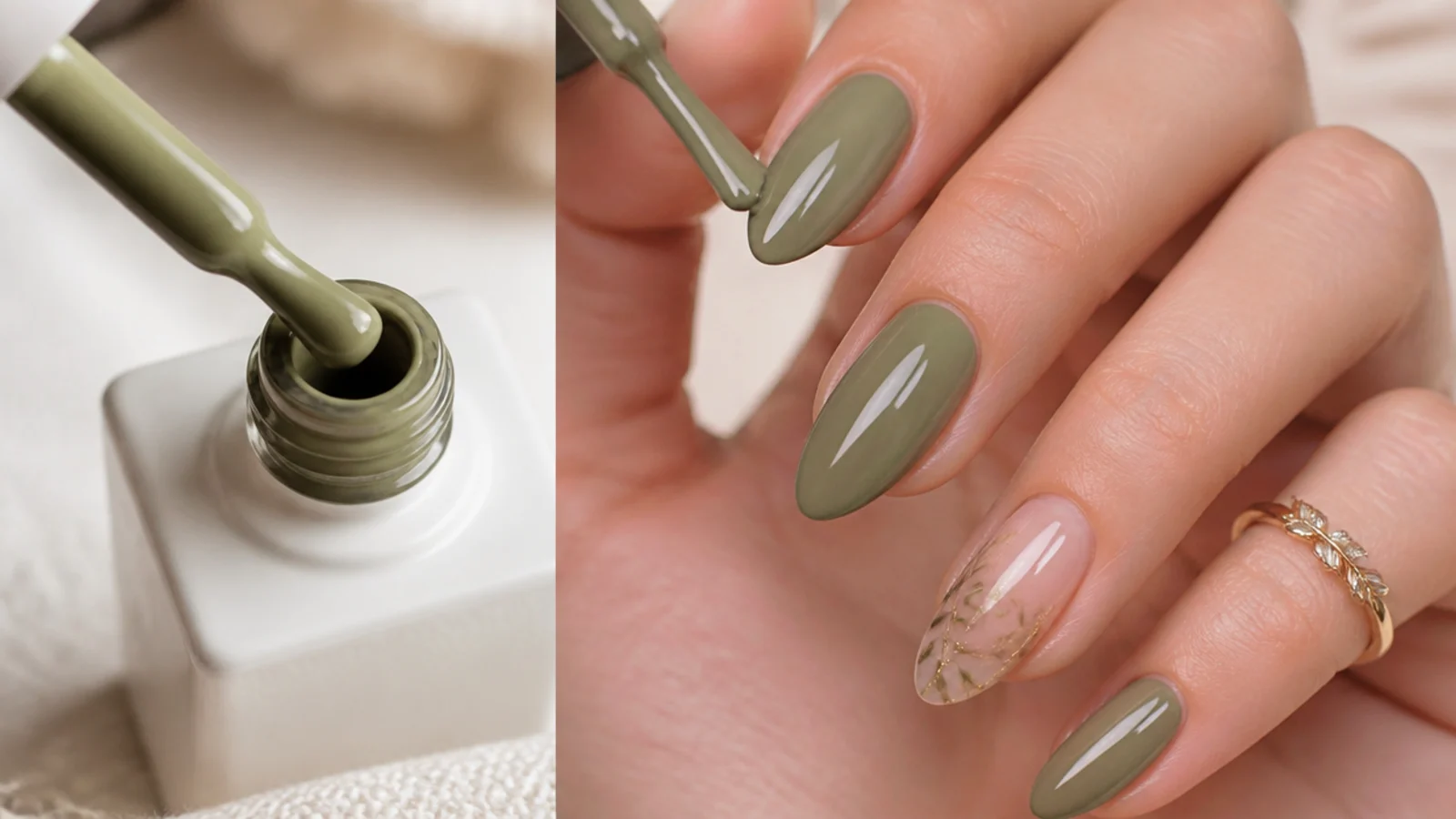 A muted khaki-olive gel being mixed and painted onto a nail
