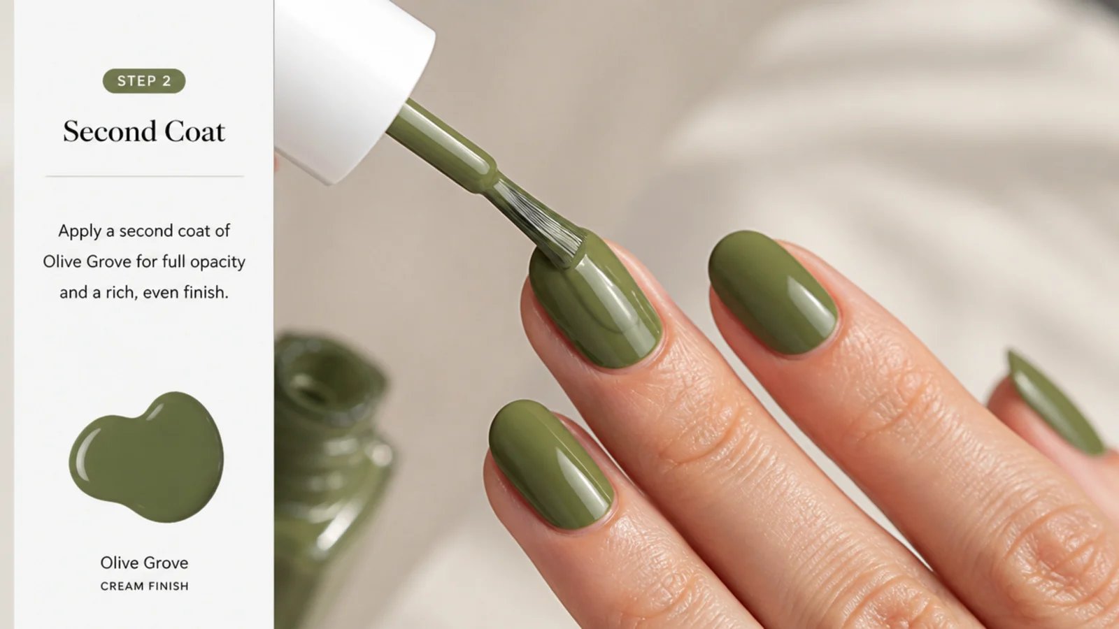 A second olive green coat adding depth and full opacity to a nail