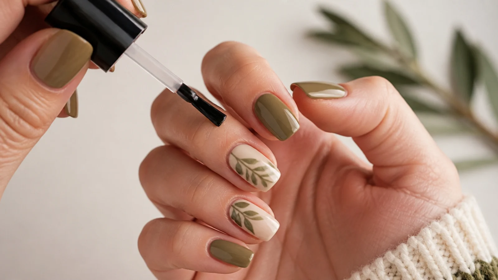 A glossy top coat sealing finished earthy olive green nails