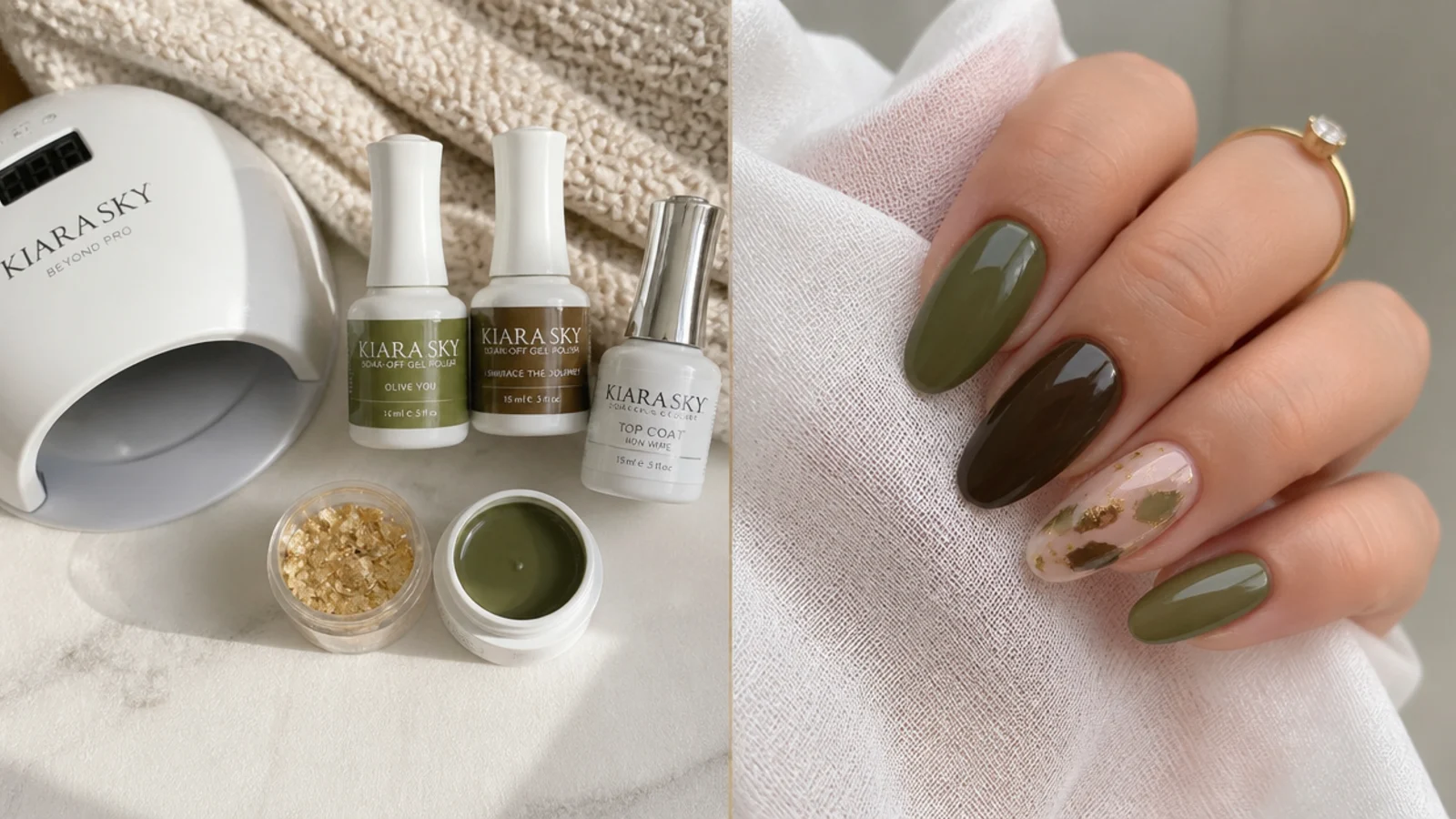 Olive green nail supplies laid out - green and brown gels, gold accent, lamp and top coat