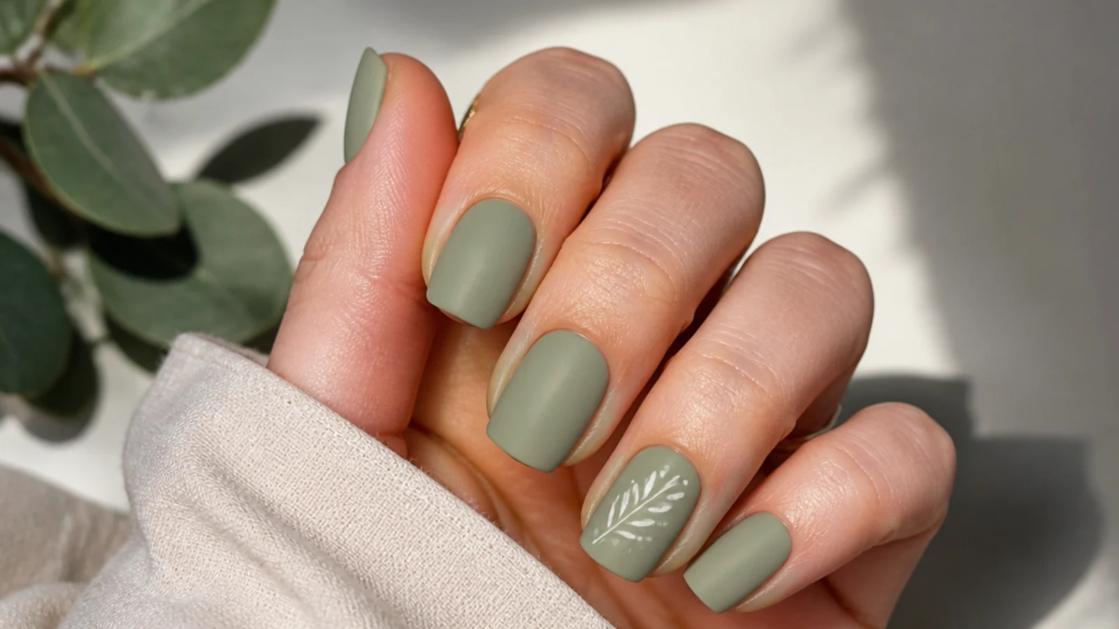 Light olive green matte nails on a short square shape