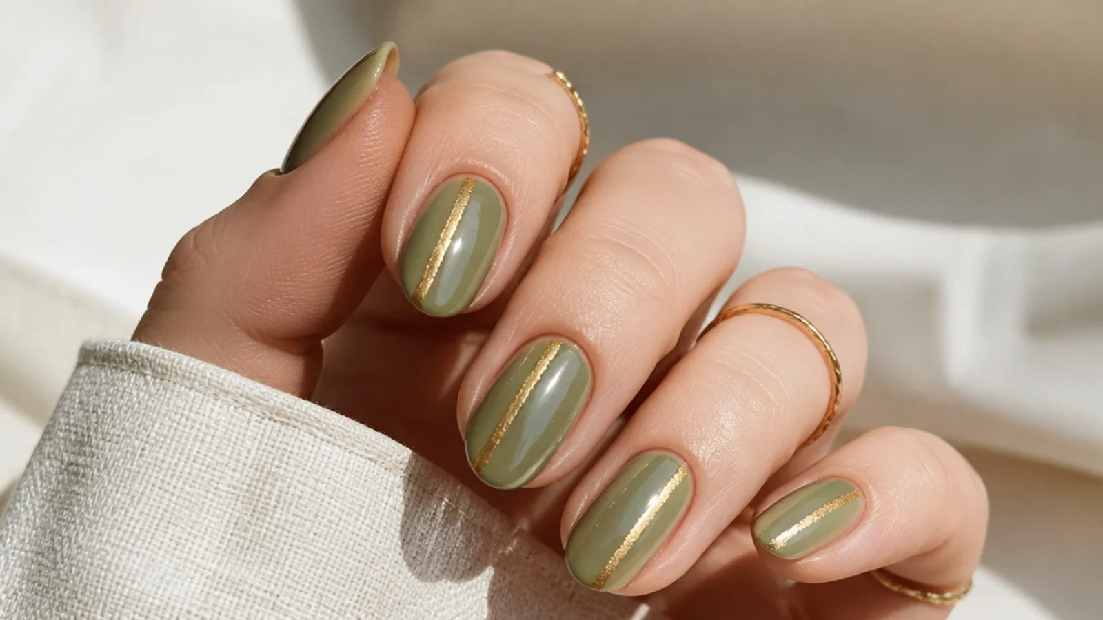 Light olive green nails with a thin gold foil line accent