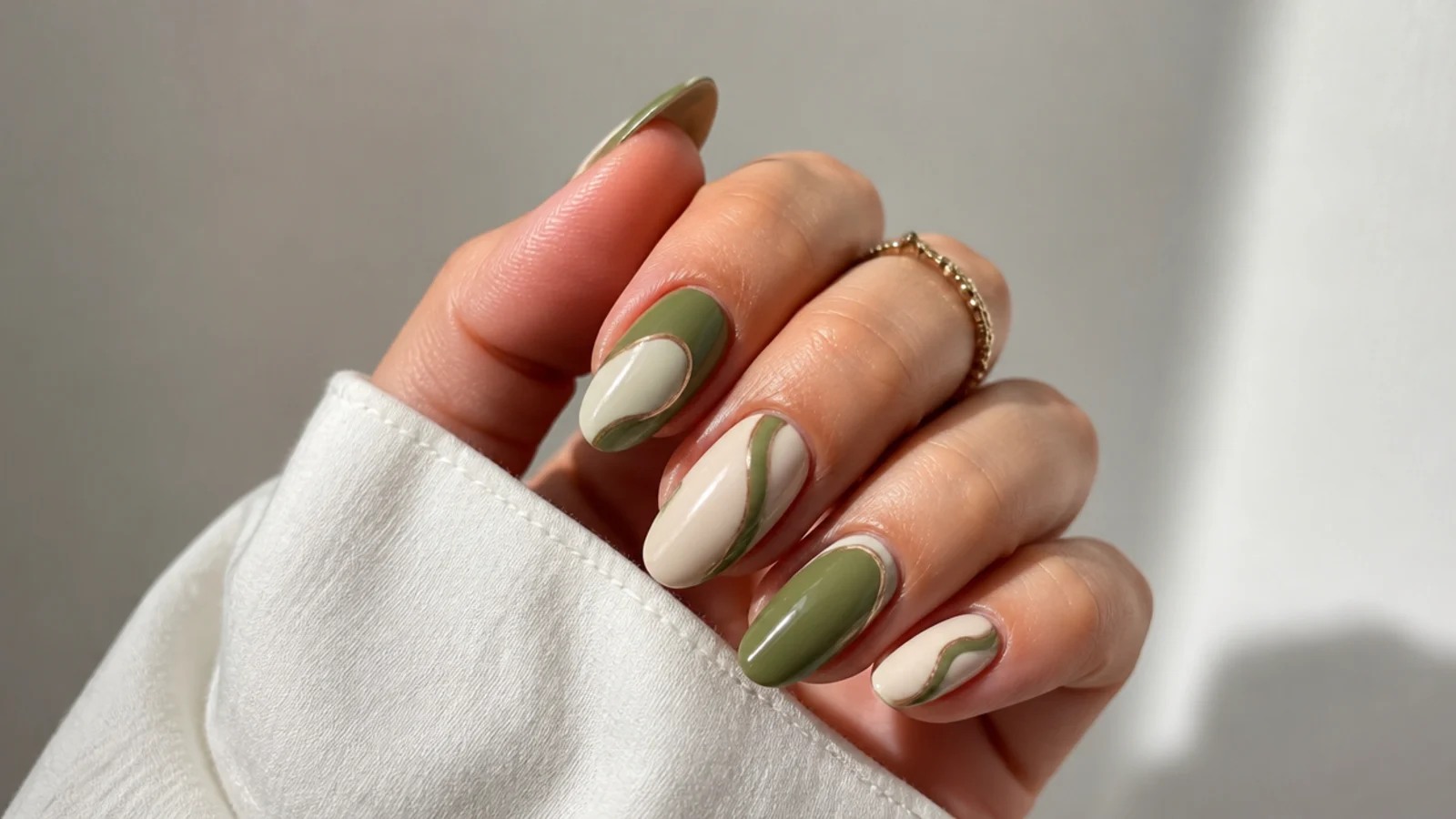 Light olive green and cream swirl nails on an almond shape
