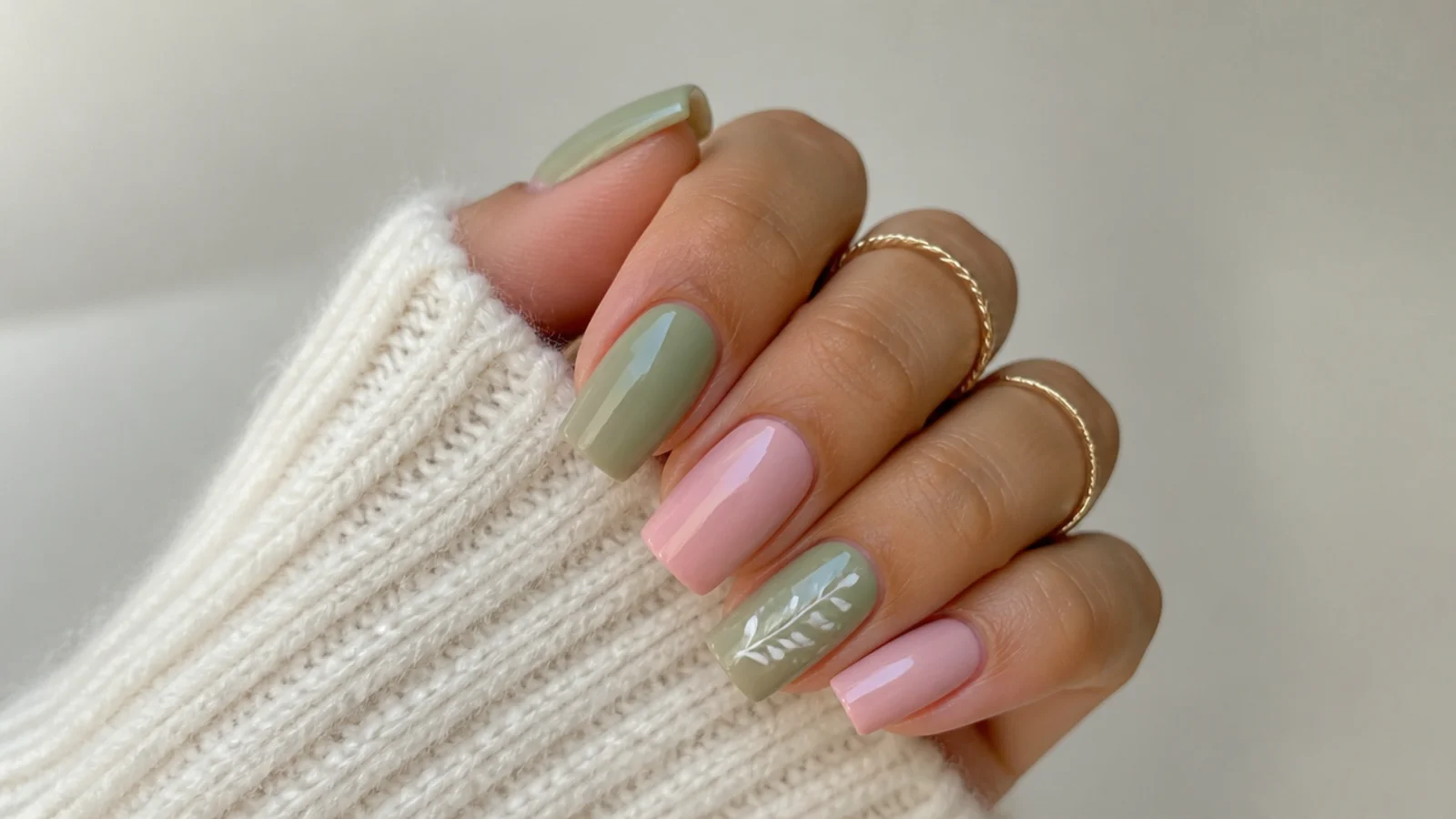 Light olive green and soft pink alternating nails on a square shape