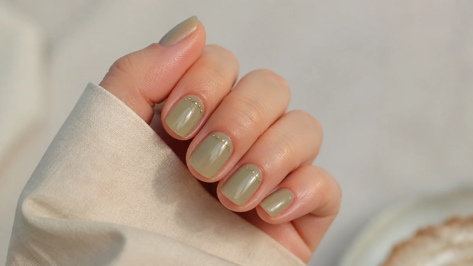 Sheer light olive green wash nails on natural short nails