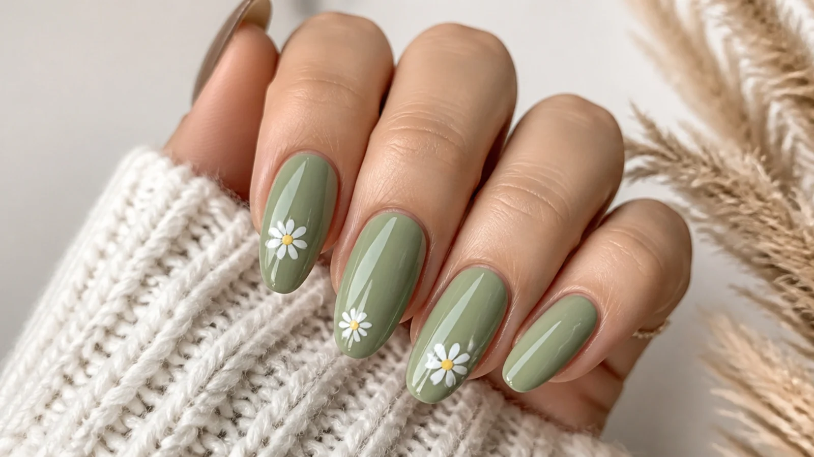 Light olive green nails with small white daisy accents