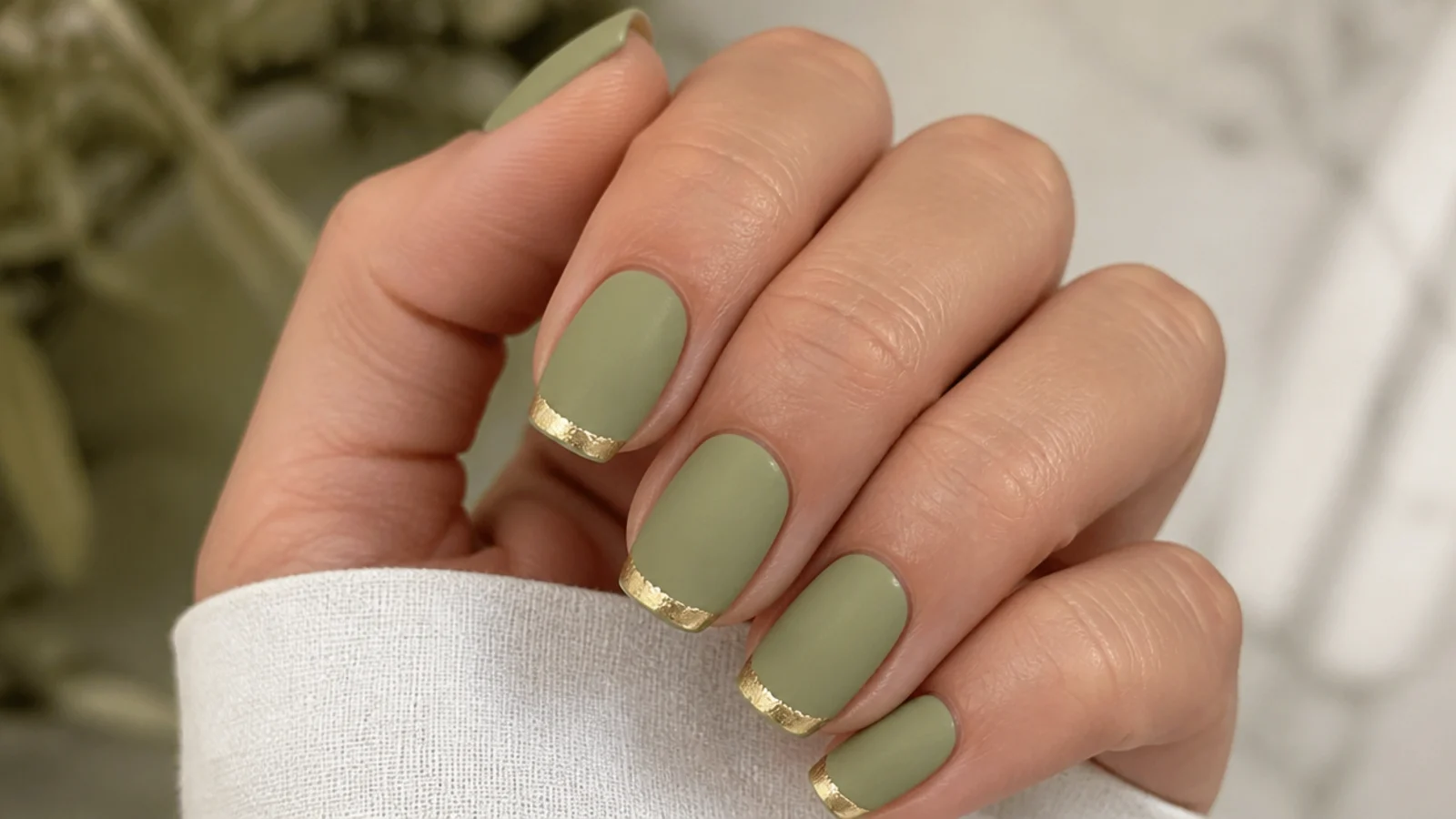 Matte light olive green nails with thin gold foil tips