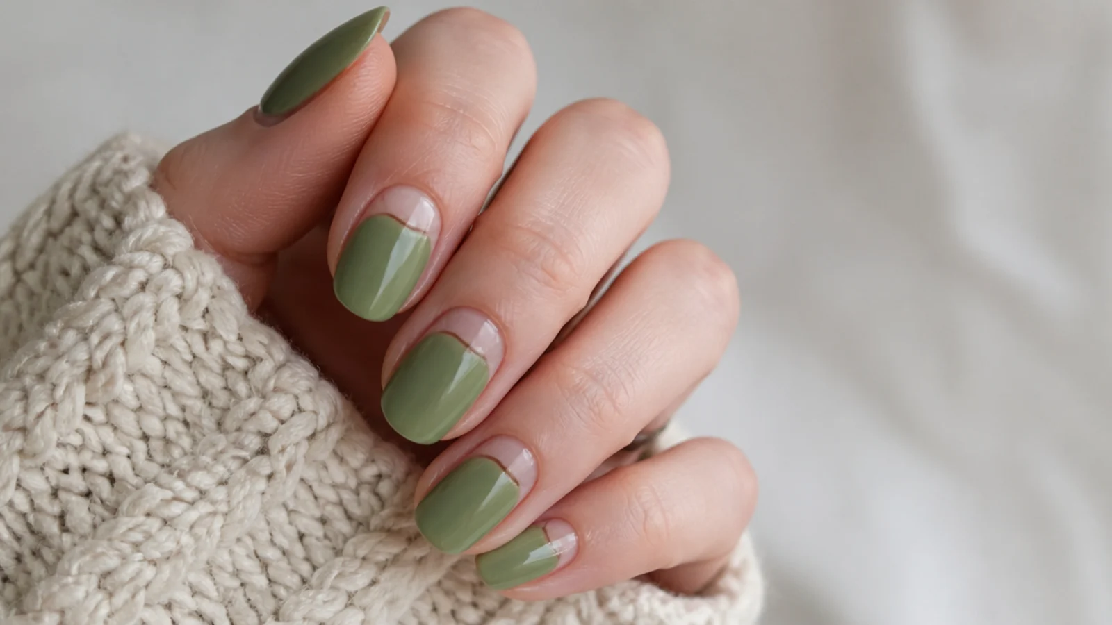 Light olive green nails with a nude half-moon at the cuticle
