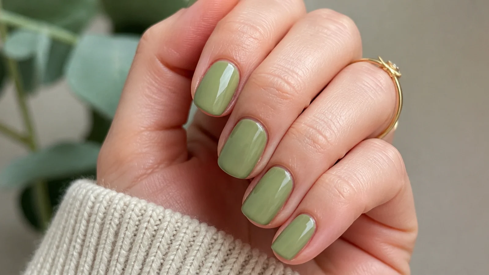 Short natural nails in soft light olive green with a glossy finish