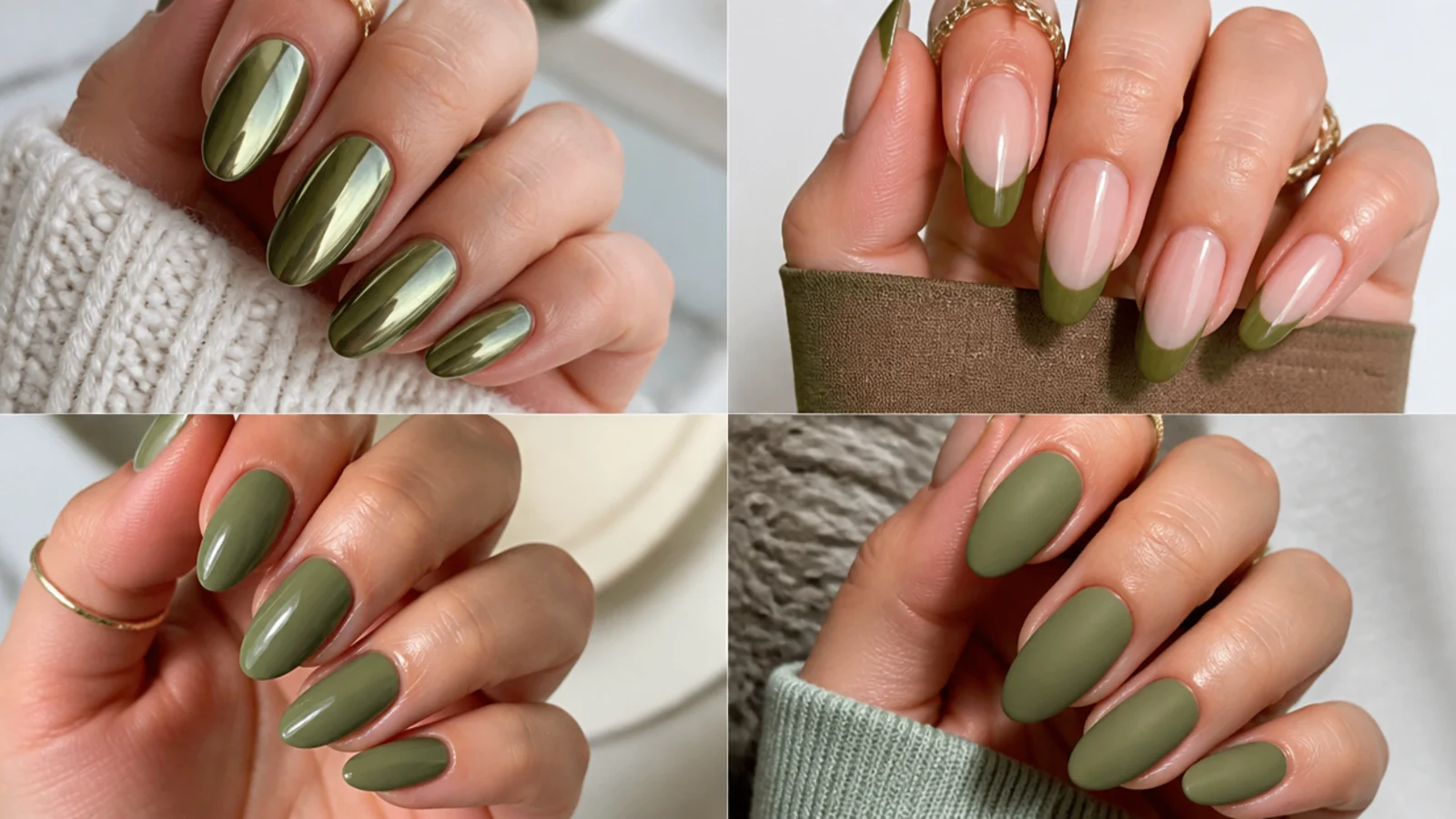 Light olive green nails shown in chrome, french, glossy and matte finishes