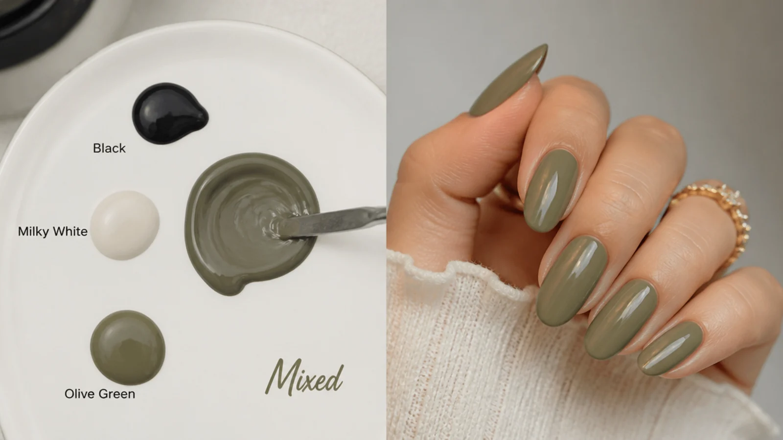 Mixing gel colors into a muted khaki-olive shade on a palette