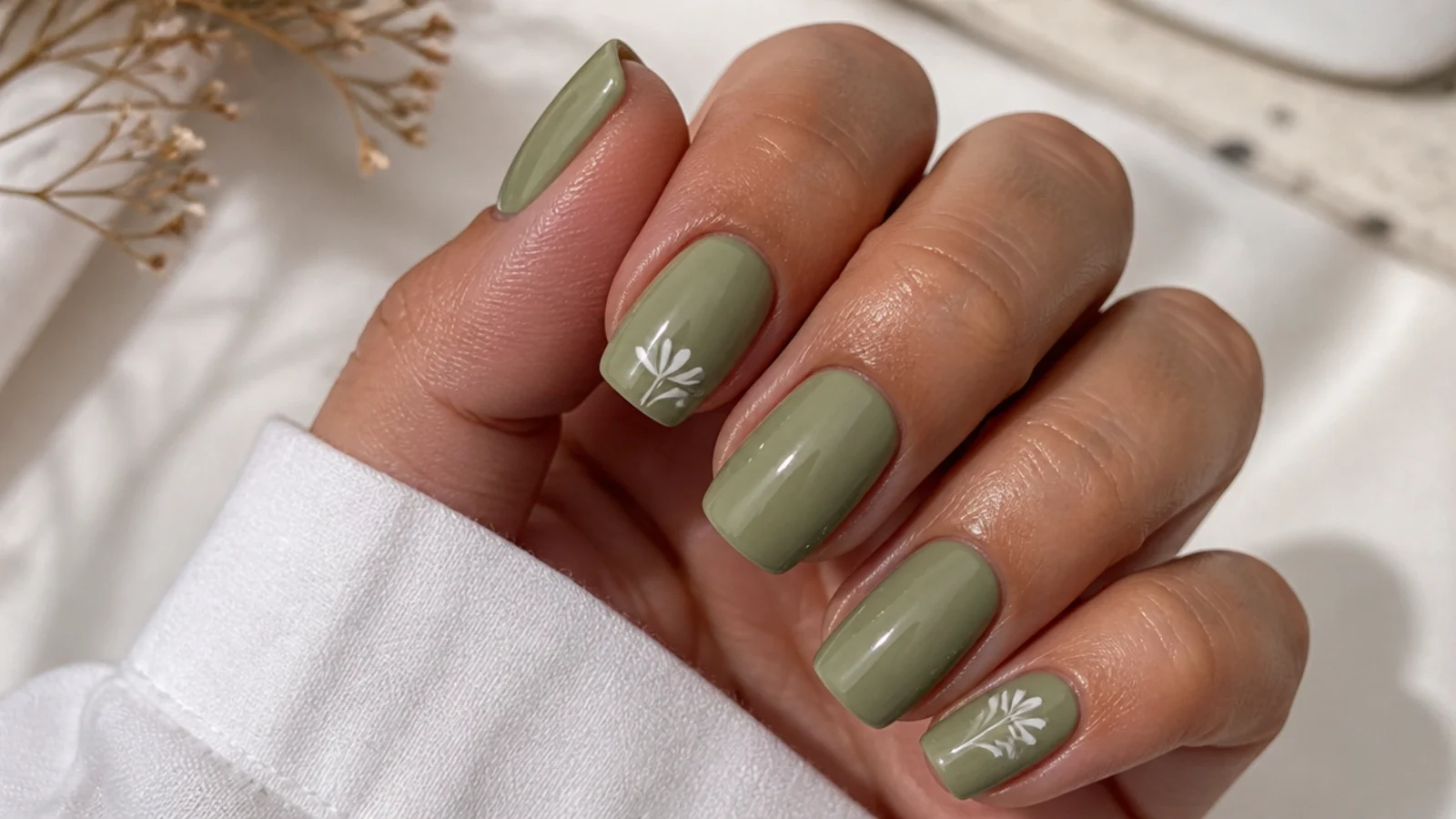 A well-sealed light olive green gel manicure with cuticle oil