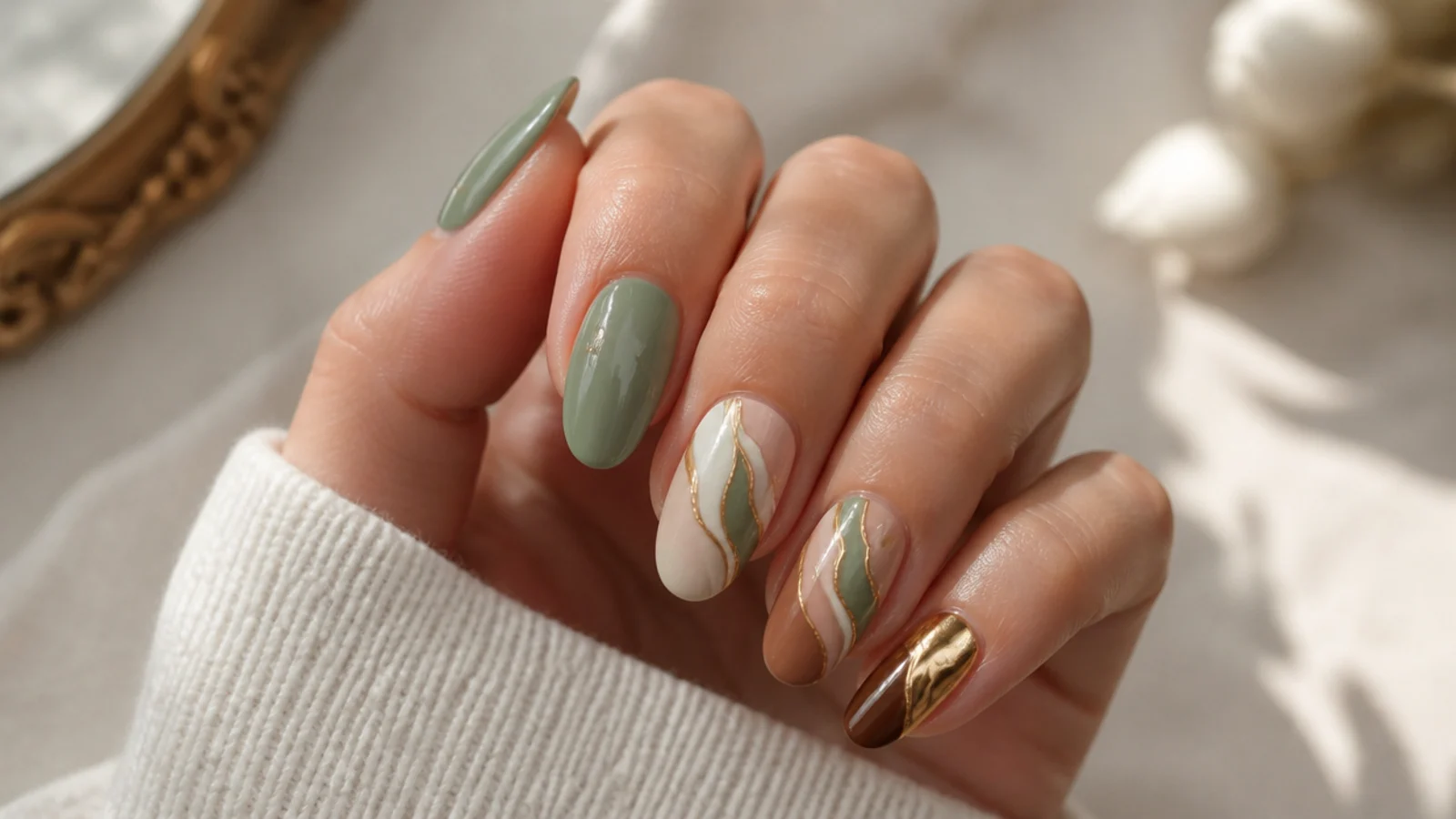 Light olive green nails styled beside gold, cream, soft pink and brown accents