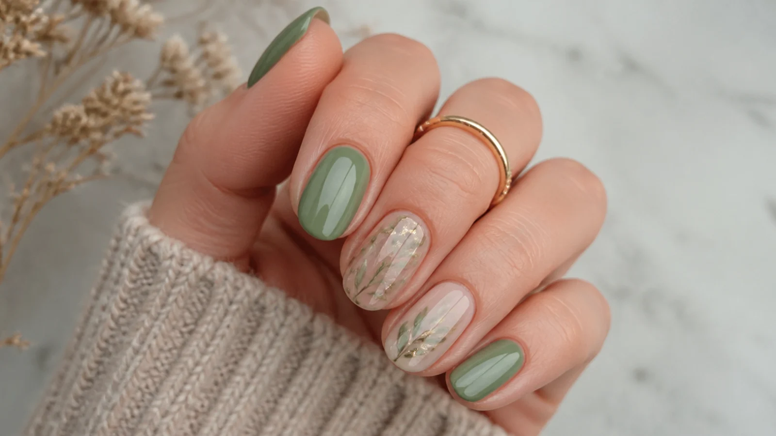 Light olive green nails styled for fall and year-round wear